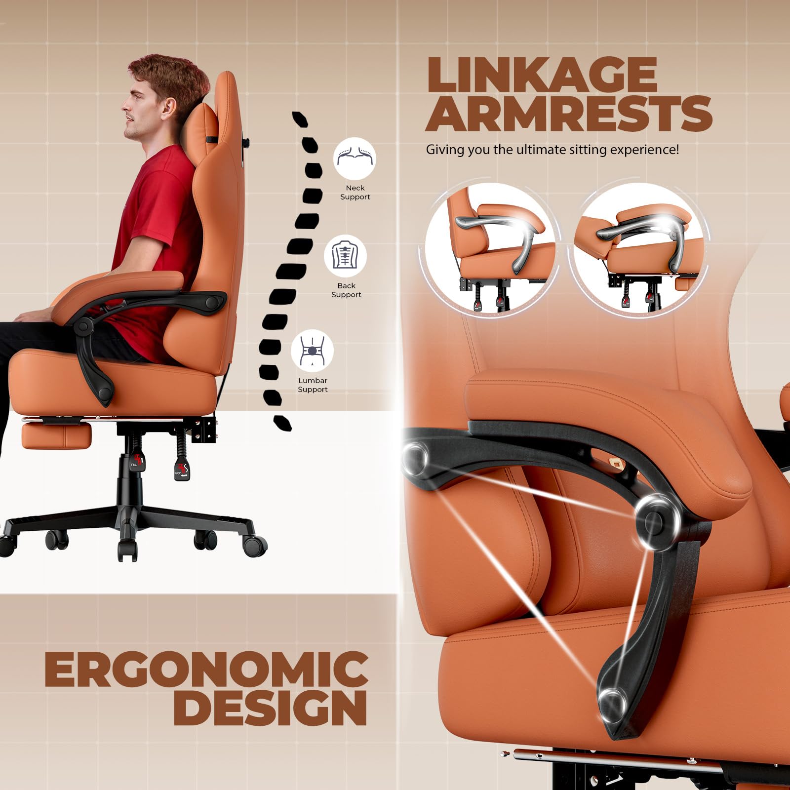 GTPLAYER Sedia da gioco, traspirante, sedia da ufficio, ergonomica, in tessuto di alta qualità, ergonomica, schienale regolabile a 160°, poggiapiedi estraibile,carico 180 kg,arancione
