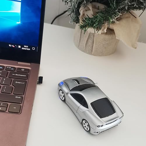 Miniatura 4 de Ratón inalámbrico para coche, ratón deportivo en forma de coche para computadora, laptop, PC, Mac con luz LED (plateado)