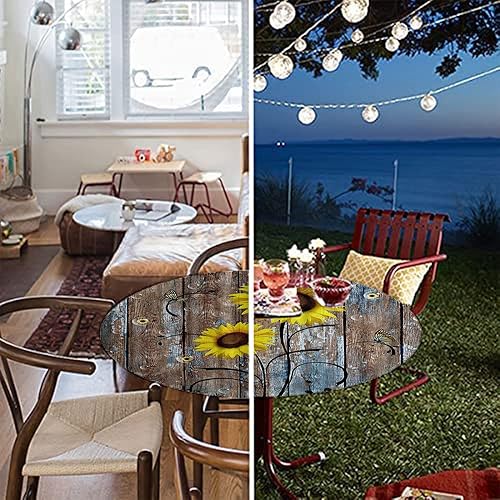 Miniatura 3 de Mantel redondo ajustable de girasol, flores amarillas rústicas en puerta de granero marrón en otoño, adecuado para fiestas de cocina, restaurante,