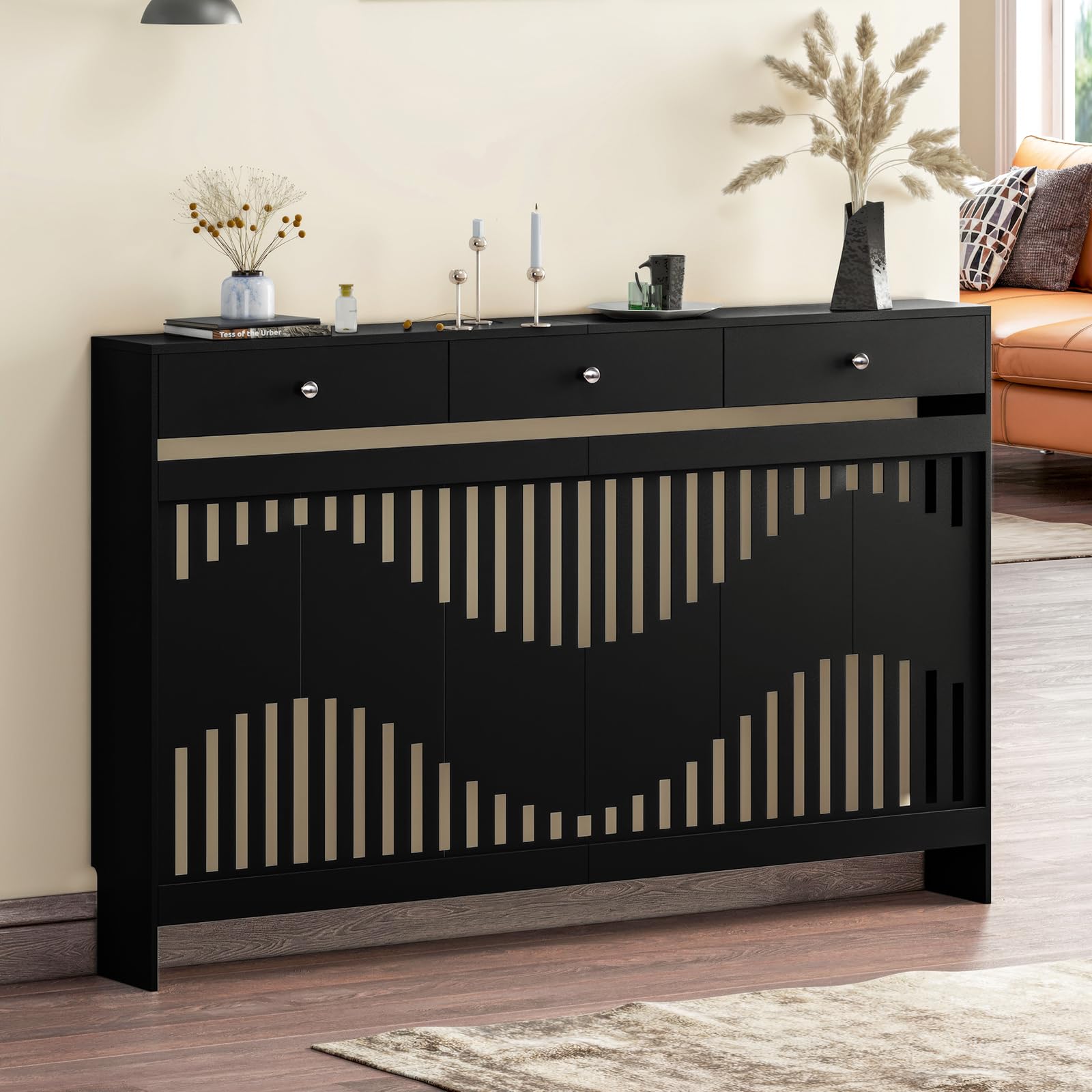 Luxstein Radiator Cover with Drawers, Black Wooden Radiator Shelf Pipe Covers Cabinet with Wavy Grill for Living Room Bedroom Hallway, 152Lx19Wx95Hcm