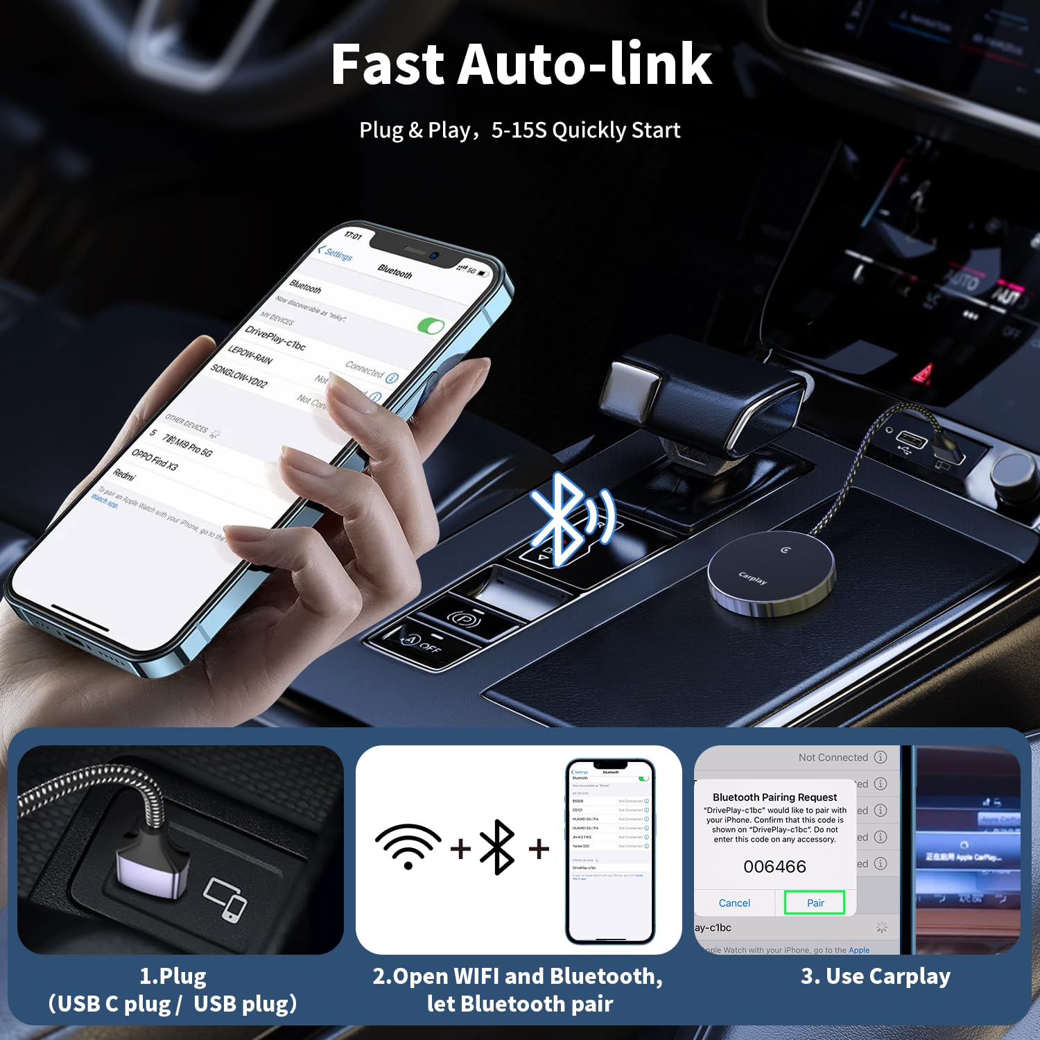 SANYEE Carplay - Adattatore wireless per iPhone, Plug & Play, conversione CarPlay cablato a wireless, supporto per iPhone da iOS 10 o alto e con Volkswagen/Benz/Audi/Opel/Skoda, ecc