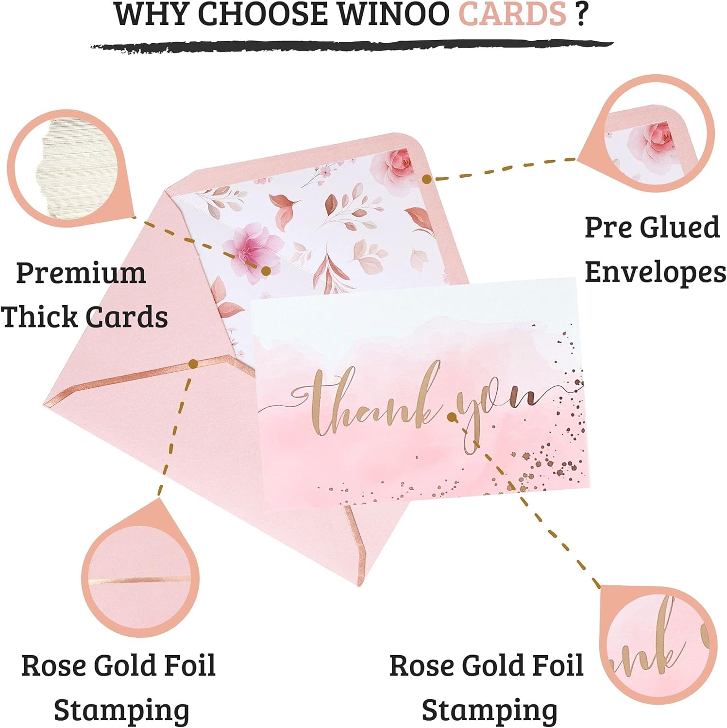 Winoo Design Heavy Duty Rose Gold and Pink Thank You Cards with Envelopes - 36 PK - 4x6 Bridal Shower Thank You Cards Baby Shower Baby Girl Thank You Notes for Wedding Birthday - Image 2