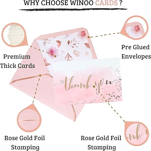 Miniatura 2 de Winoo Design Tarjetas de agradecimiento de color oro rosa y rosa resistentes con sobres, paquete de 36, tarjetas de agradecimiento de despedida de