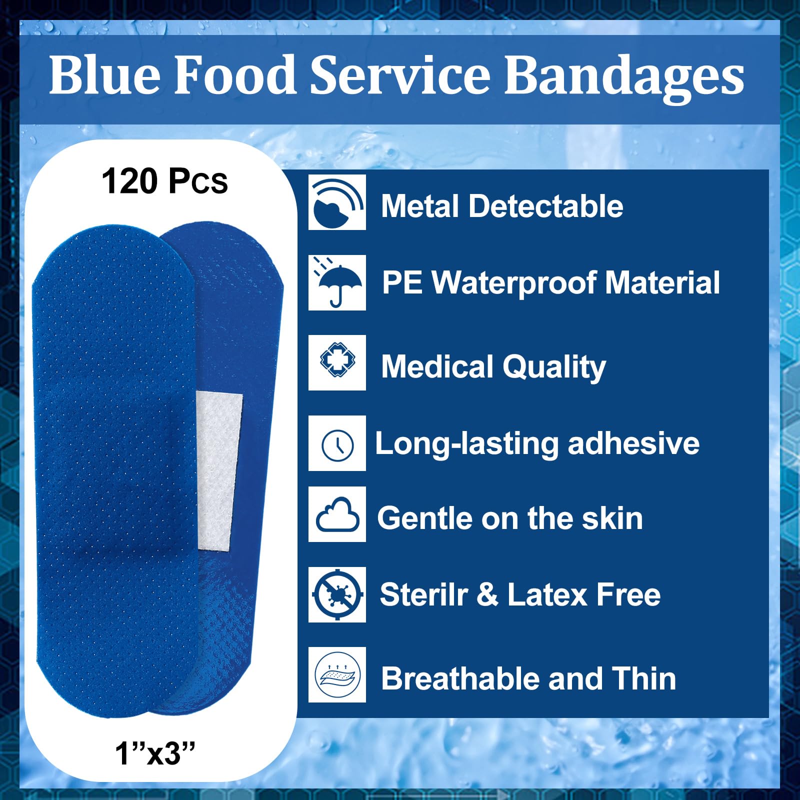 Geiserailie 120 bende blu rilevabili per la cura delle dita, impermeabili, flessibili, antiaderenti, senza lattice, per catering, kit di primo soccorso, cura e protezione delle ferite (2,5 x 7,6 cm,