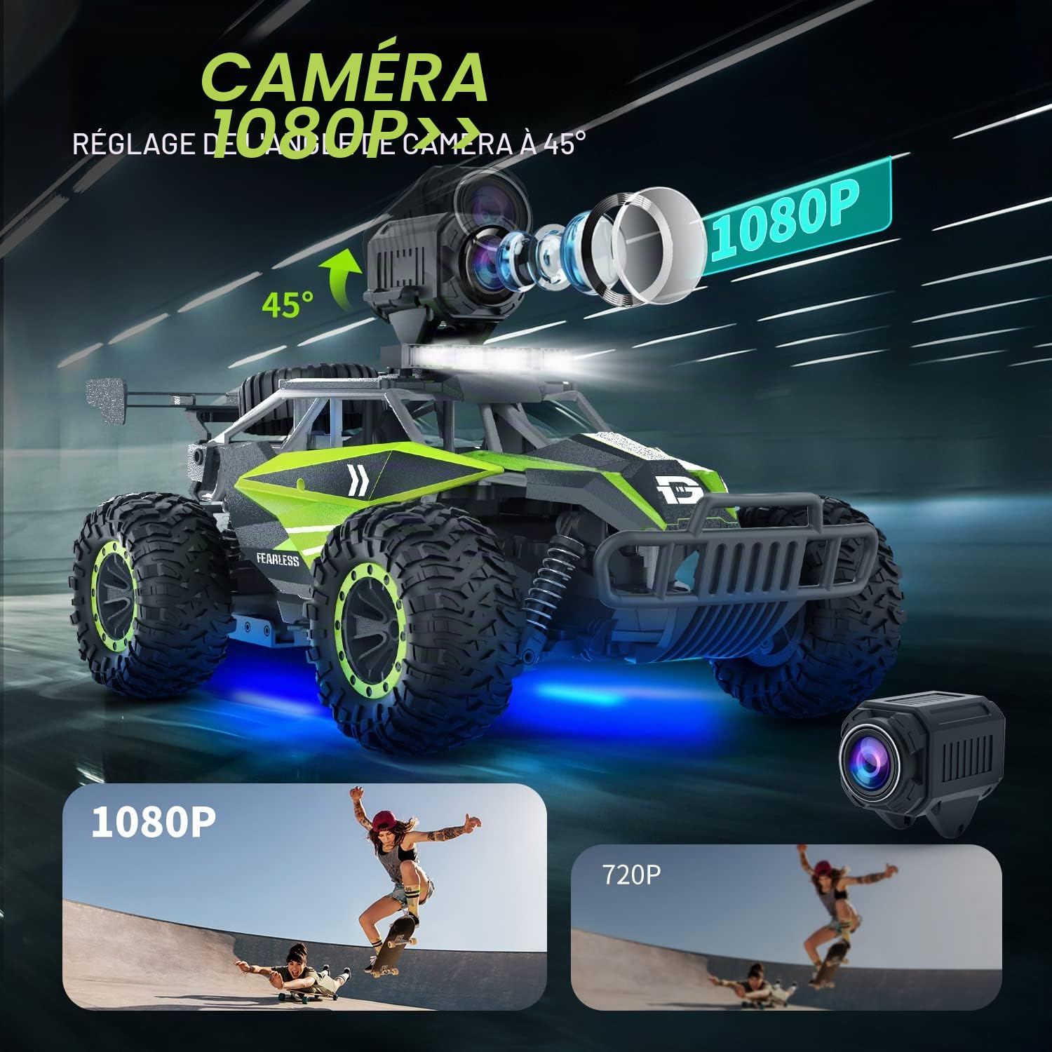 DEERC Voiture télécommandée avec caméra HD 1080P, Voitures RC à l'échelle 1:16 avec éclairage châssis et phares à LED, véhicule Jouet Monster Truck Haute Vitesse 2,4 GHz, Cadeau pour Enfants garçons