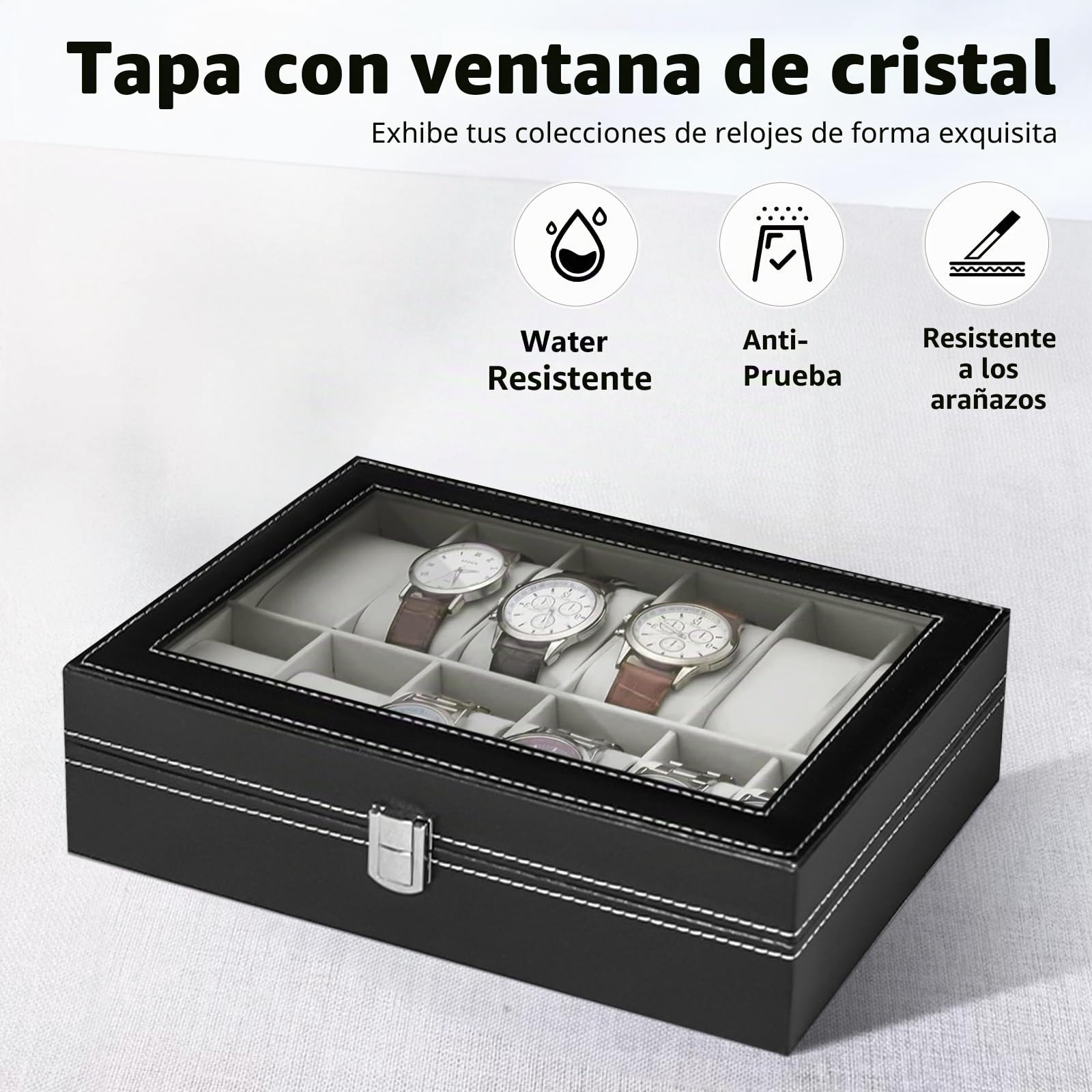 Caja para Relojes con 12 Compartimentos, Cristal y Cojín Extraíble