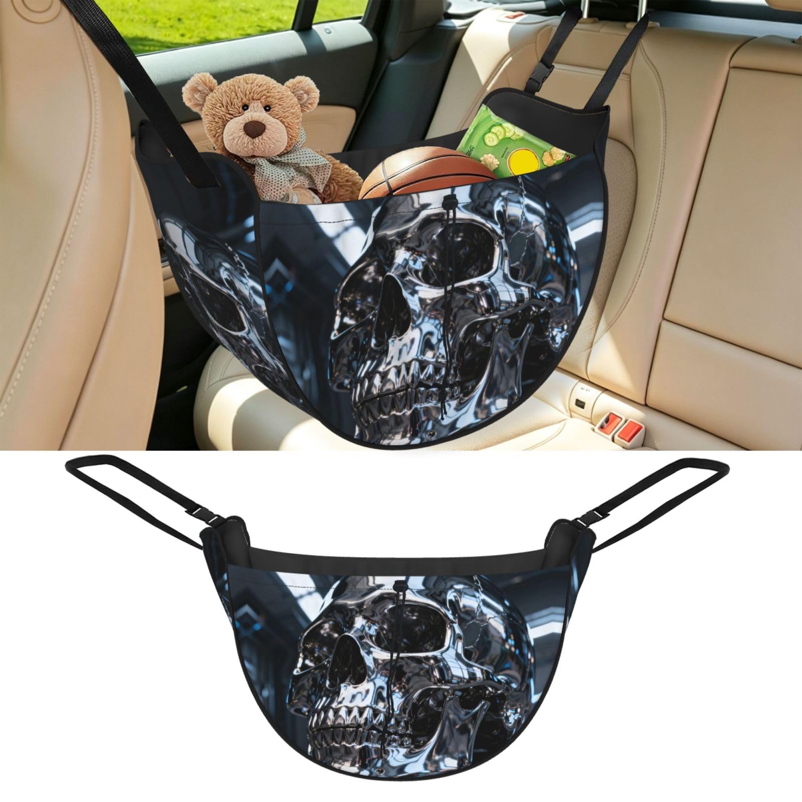 Cntdbu Black Chrome Skull Metal Car Seat Organizer-Backseat Storage Bag For Travel
