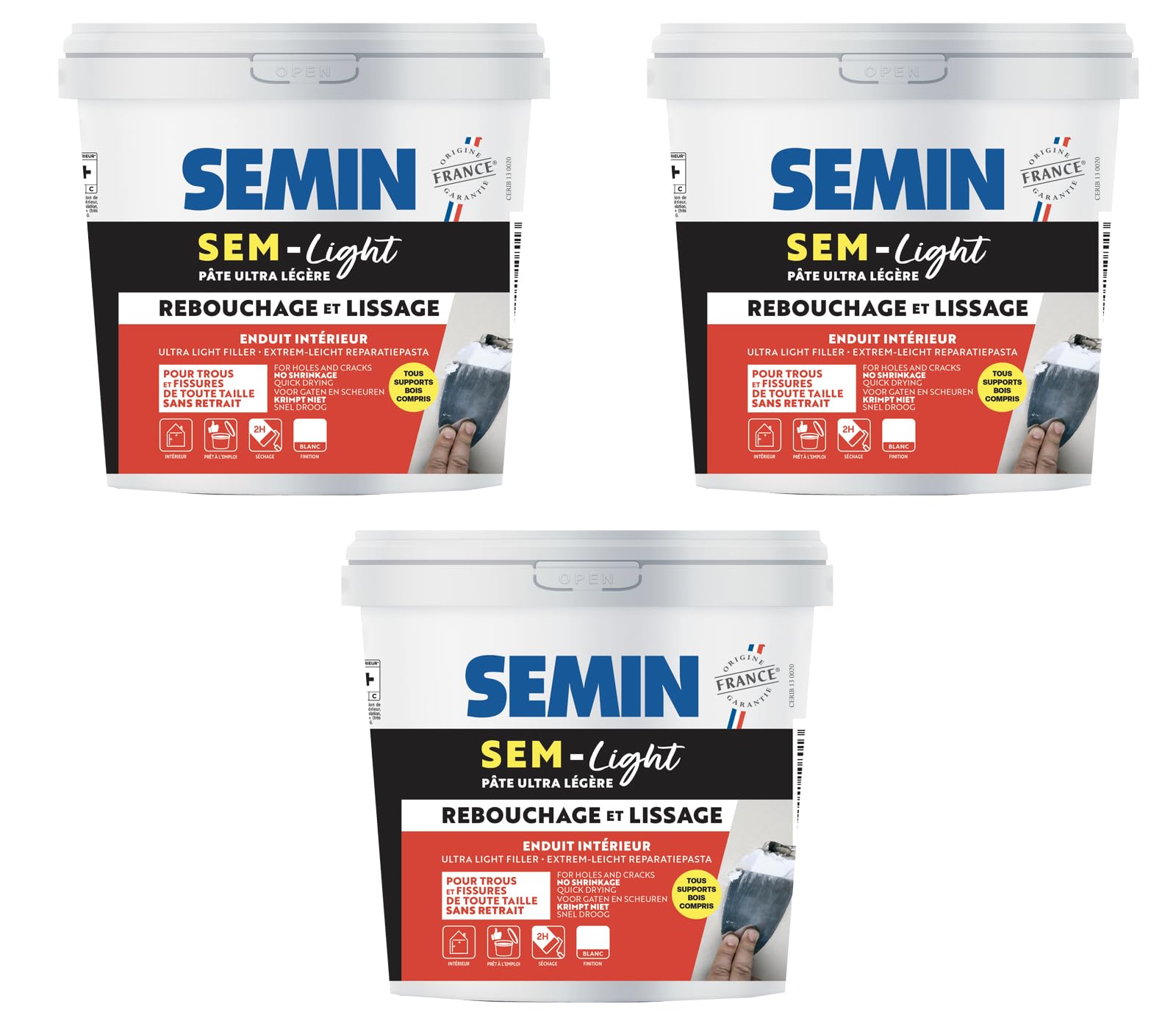 SEMIN SEM-LIGHT Enduit Léger de Rebouchage et Lissage – 3X 5 L – Sans Retrait, Séchage Rapide – Réparation Trous et Fissures – Intérieur Murs et Plafonds – Blanc Mat Prêt à l'Emploi