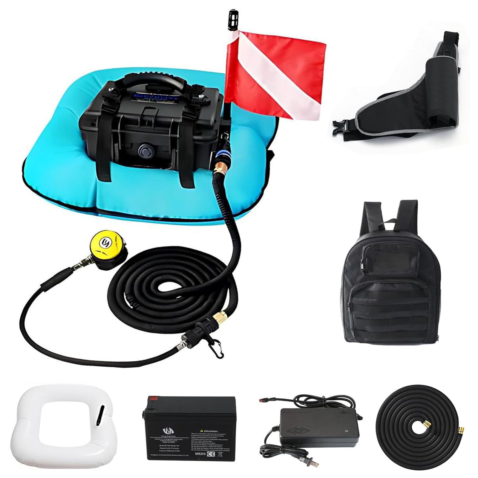 Elektrische Tauchflasche mit leiser 180W Pumpe & 9,5M Schlauch. Tankloses Tauchventilatorsystem für Freizeittauchen, Angelausflüge & Schnorcheln. Blue-dualbattery