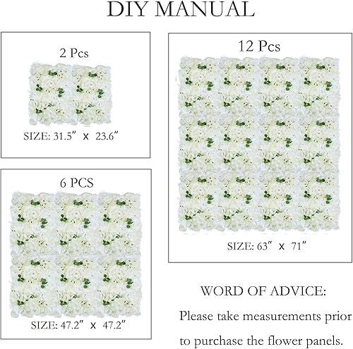 Miniatura 7 de NUPTIO Panel de pared de flores para telón de fondo, 6 piezas de 24 x 16 pulgadas, rosas artificiales blancas para decoración de pared, decoración