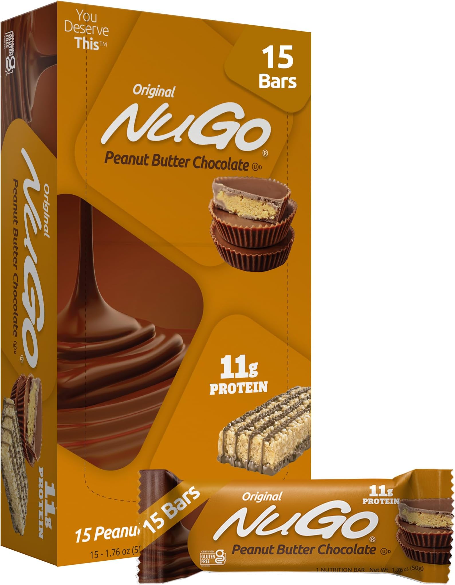 NuGo Protein Bar, Peanut Butter, 11g Protein, Gluten Free, 15 Count