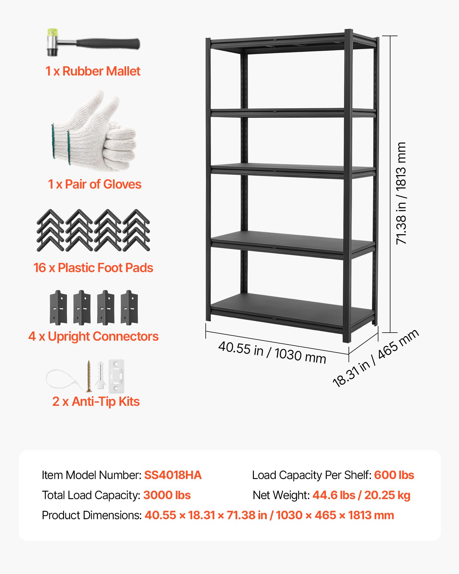 VEVOR Scaffale per Garage in Metallo 5 Ripiani Regolabili Capacità 1360,8kg, Scaffale da Stoccaggio per Carichi Pesanti, per Dispensa, Magazzino, Cantina e Cucina, 103 cm L x 46,5 cm P x 181,3 cm A