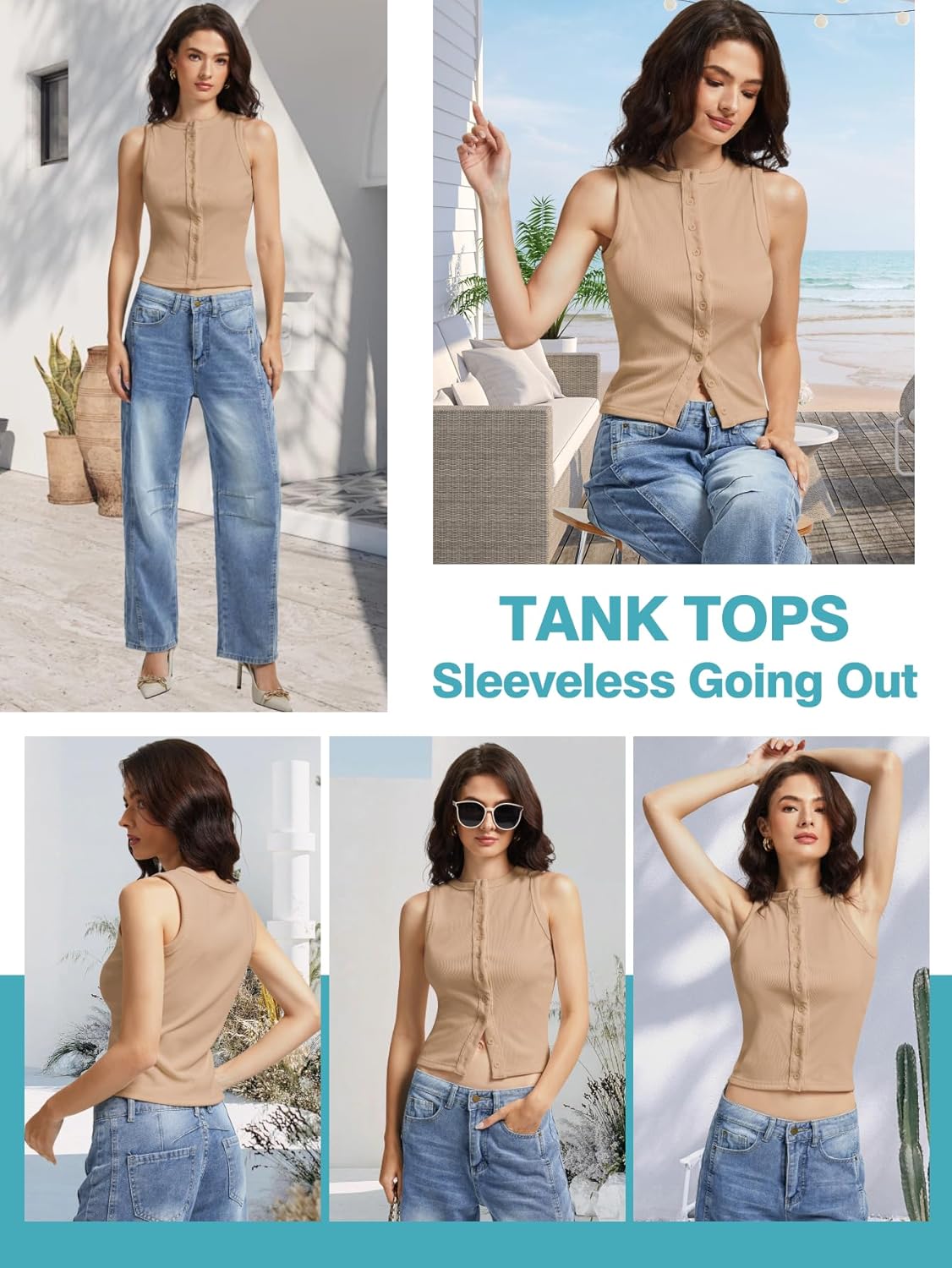 Women’s Button Down Tank Tops Sleeveless Ribbed Crop Summer Button Up Crewneck Vest Shirt Going Out Slim Fit Tops - Image 2