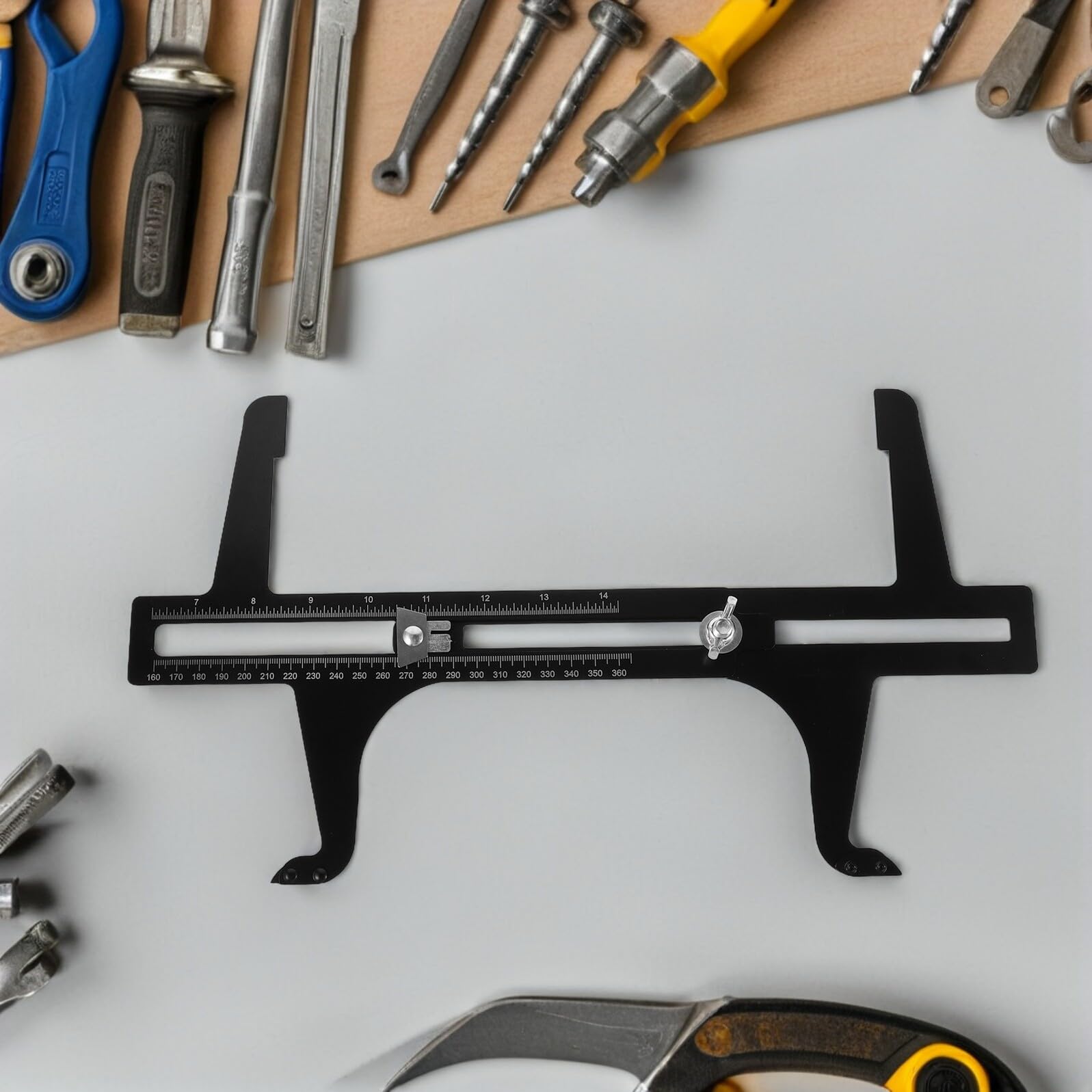NUOBESTY Herramienta para Ajustar Frenos de Rueda y Disco Calibrador de Pastillas de Freno de Acero Doble Escala 160-360 MM Medidor Profesional en Reparación Automotriz
