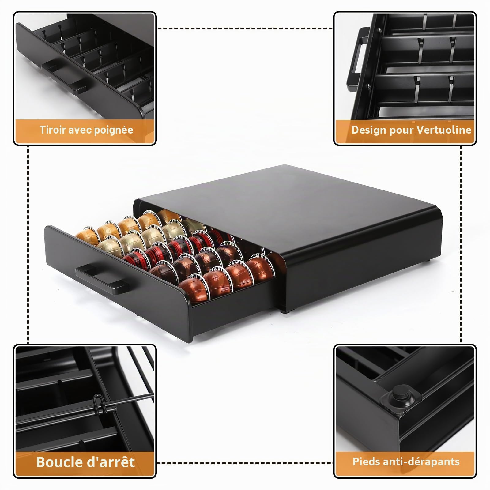 Porte Capsule pour 35 Vertuo Capsules,Support de Machine à Café avec Tiroirs de Rangement Dosettes Vertuoline,Distributeur/Organisateur Capsules en Métal.