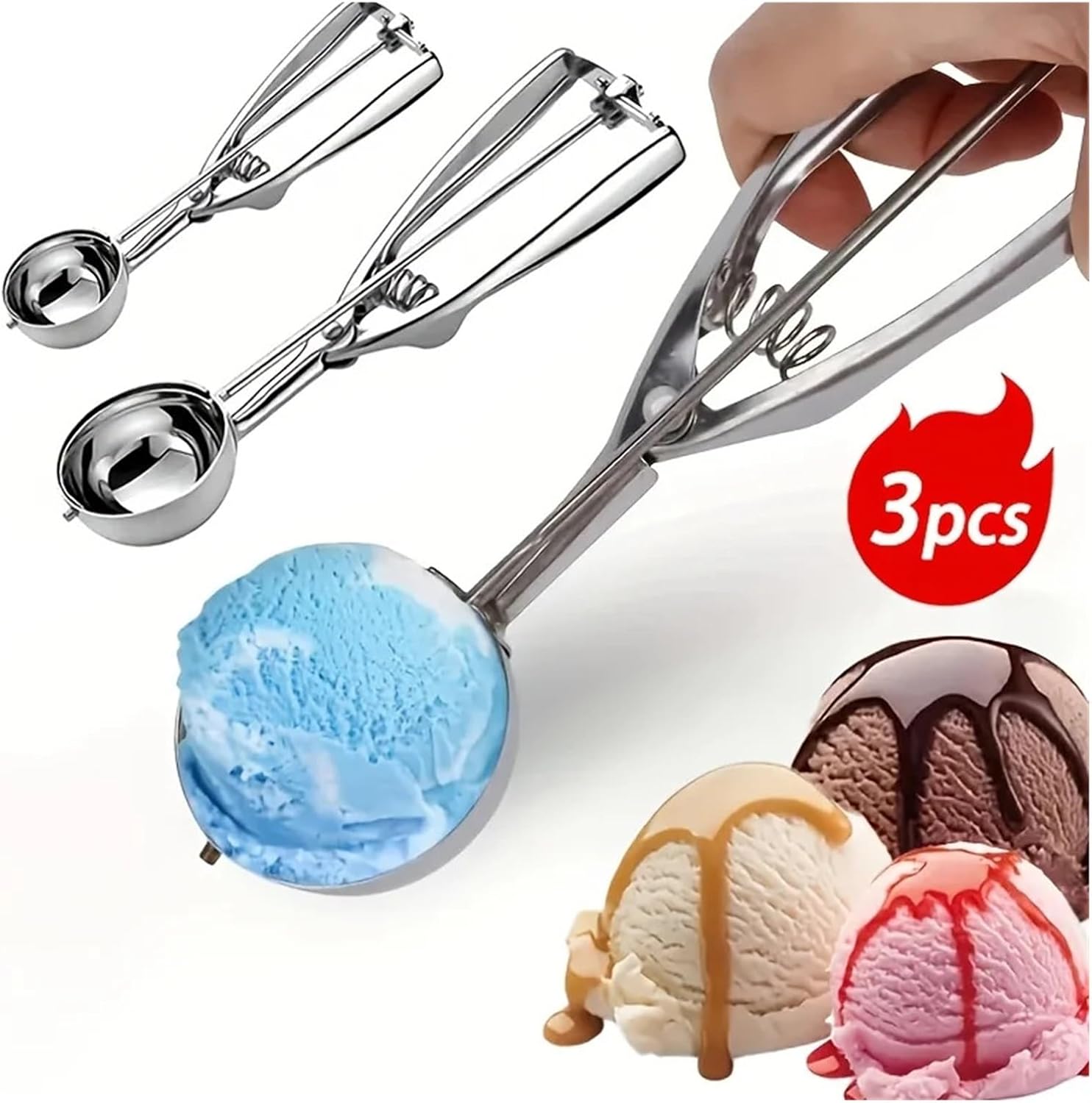 Ice Cream Scoop With Spring Handle Stainless Steel Cookie Mash Potato Scoops Dough Baking Kitchen Tool(Silver SML 3PCS)