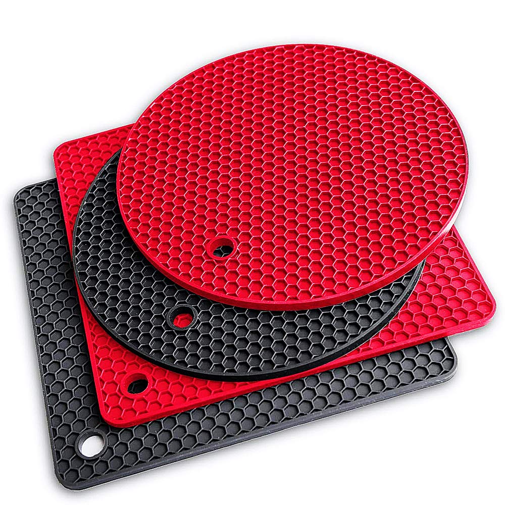 Silicone Trivet Mat, Heat Resistant Kitchen Hot Pot Holder Pad 4 Pack, Non Slip Countertop Protector Double as Jar Opener, Drying Mat, Utensil Rest (Dark Grey & Red)