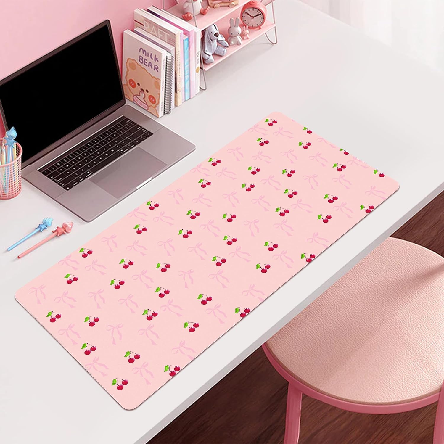 Cherry Pink Desk Mat, Cute Extended Gaming Keyboard Mouse Pad, Large Office Desk Cover Mat Pad Deskmat, Non-Slip Leather Home Office Desk Mat Protector 31.5"×15.7"