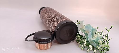 Miniatura 4 de Cop29 Botella de agua antigua con diseño de tulipán de cobre puro grabado a mano con asa un recipiente de cobre ayurvédico - 30.4 fl oz30oz