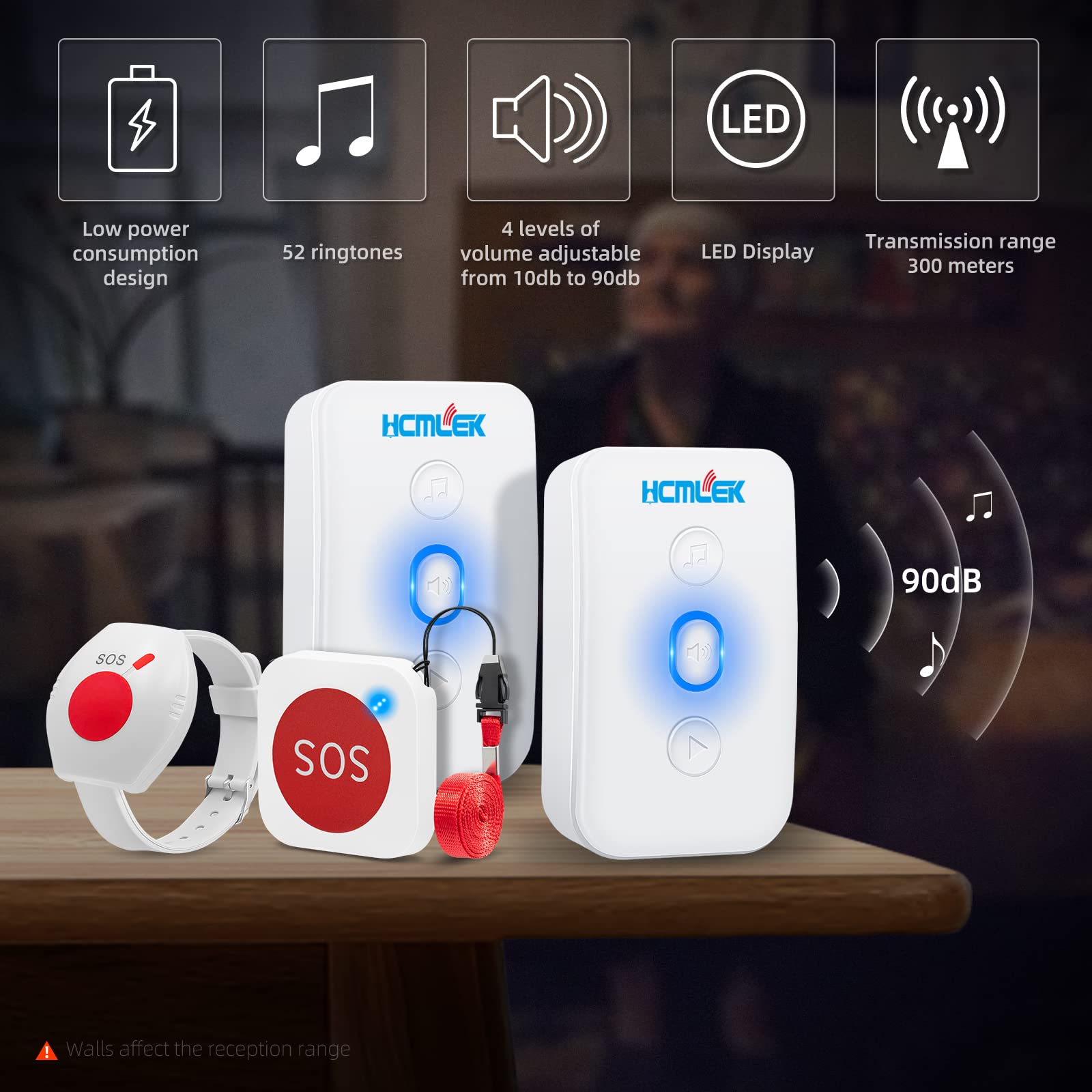 Bouton d'appel d'urgence pour personnes âgées avec bracelet d'appel d'urgence pour seniors, écoute-bébé pour personnes âgées pour appel d'urgence à domicile, fonctionne avec appel de soins,