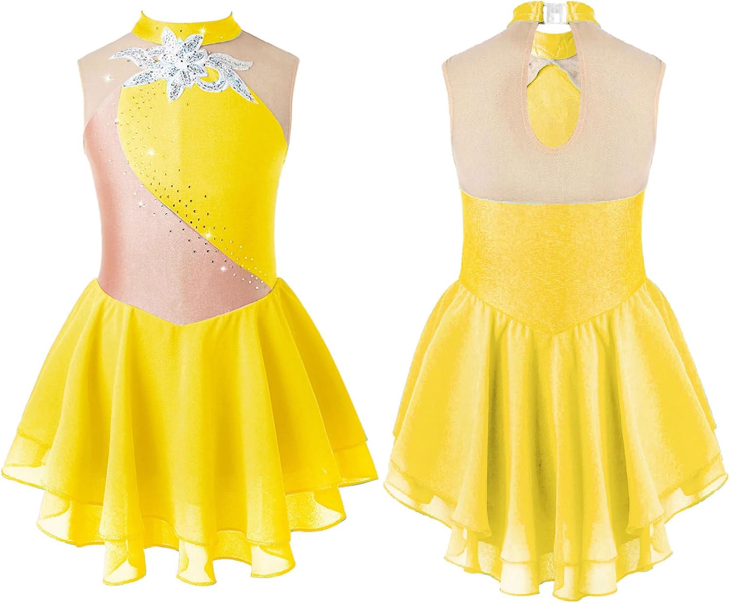 JEYPINMI Figure Ice Skating Dress Kids Girls Sparkly Color Block Sleeveless Ballet Dance Gymnastic Competition Dress