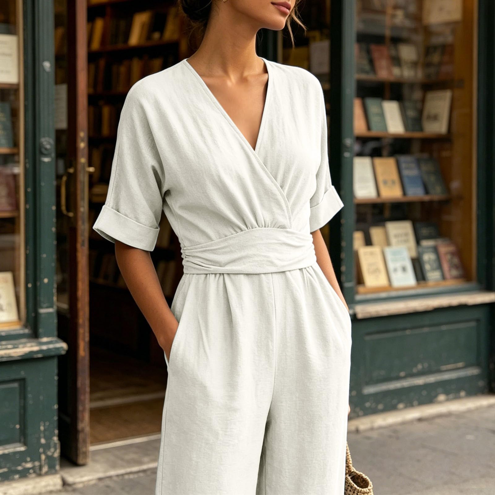 Genérico Mono Elegante De Verano Para Mujer, Pierna Ancha Con Cuello En V, Estilo Ejecutivo Versátil, Ideal Para Bodas, Recepciones Y Uso Diario, También Perfecto Pantalones De
