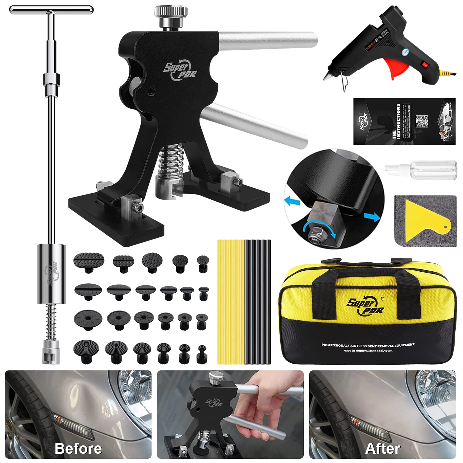 Super PDR 10 Pcs Dent Removal Kit, Black Dent Lifter Slide Hammer, 2 in 1 T-Bar Tool with Hot Melt Glue Gun Glue Stick for Auto Body Dent Repair
