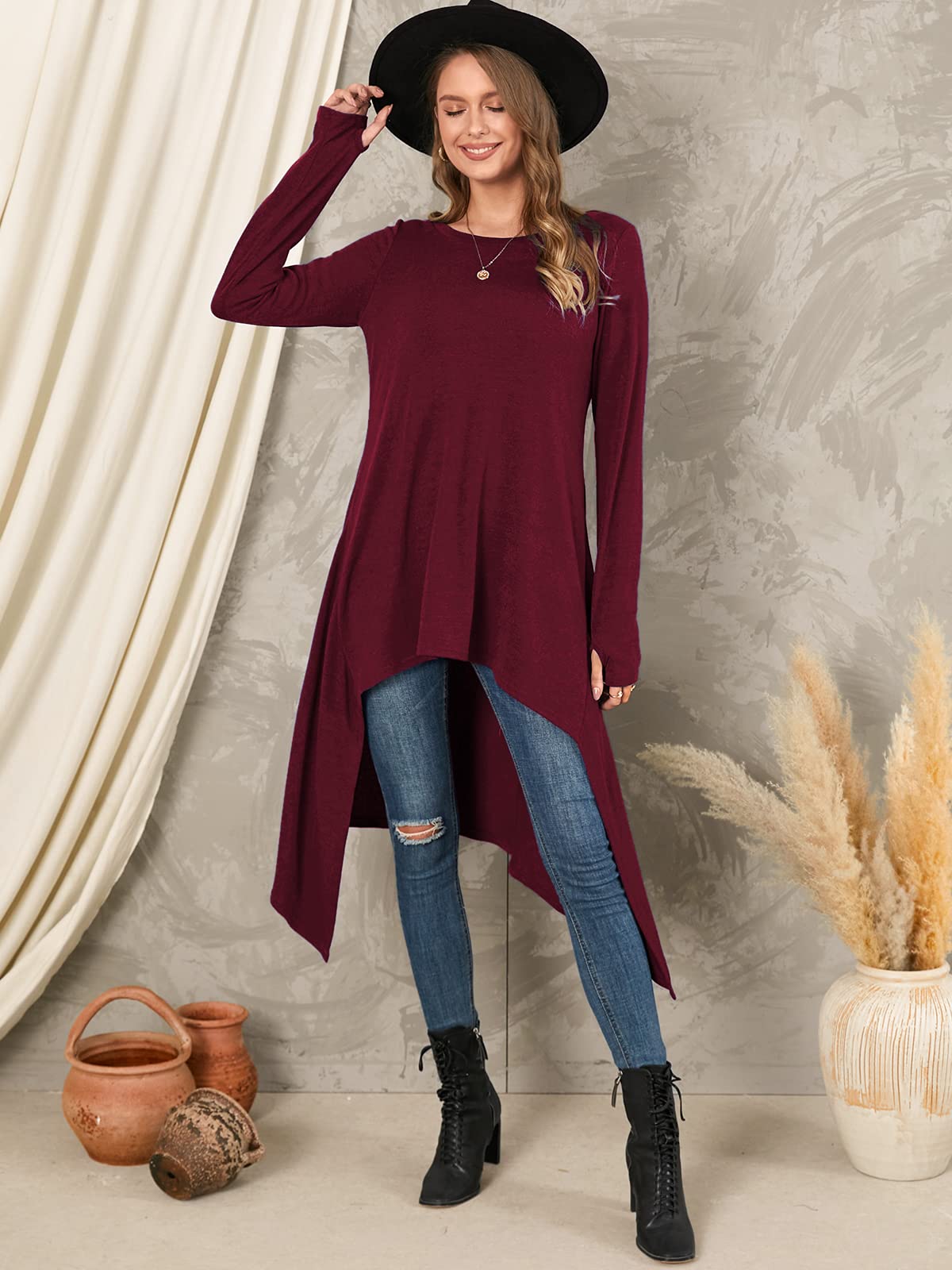 ZANZEA Femme Robe Pull en Maille Oversize HiverTunique Longue Grande Taille Robe Sweat Asymetrique 01-Bordeau L