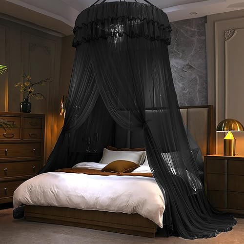 Kertnic Mosquito Net Bed Canopy for Girls, Princess Canopy Bed Curtain Fine Sheer Mesh Dome Bed Canopies, Kids & Adults Lace Tent for Twin Full Queen King Bed (Black) - Black