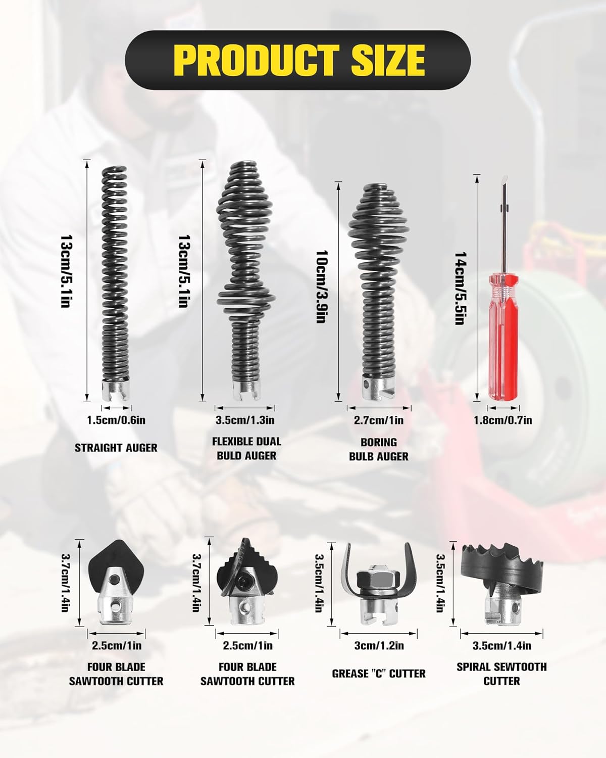 Drain Snake Drill Attachment Set (10 Pieces), Root Cutter Head for Sewer Cleaning, Drain Snake Cable Tools for Ridgid K-400 Drum Machine