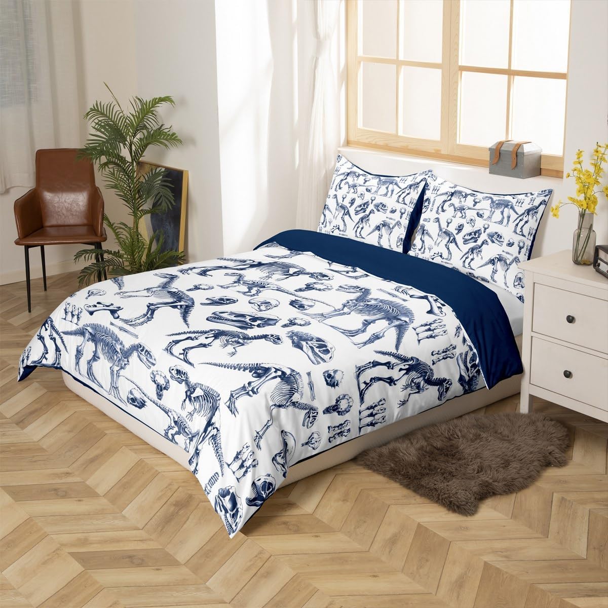 Dinosaur Skeleton Duvet Cover Full Size,Wild Animals Bedding Set 3Pcs for Kids Girls Boys Teens Bedroom Decor,Navy Blue Sketch Sugar Skull Comforter Cover Modern Soft Quilt Cover,2 Pillowcases