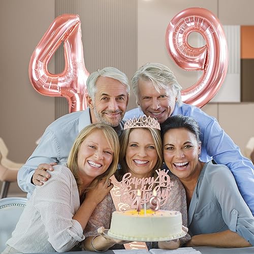 Miniatura 2 de Regalos de cumpleaños 49 para mujer, incluye banda y tiara de cumpleaños 49, adorno para pastel de cumpleaños y velas del número 49, globos grandes