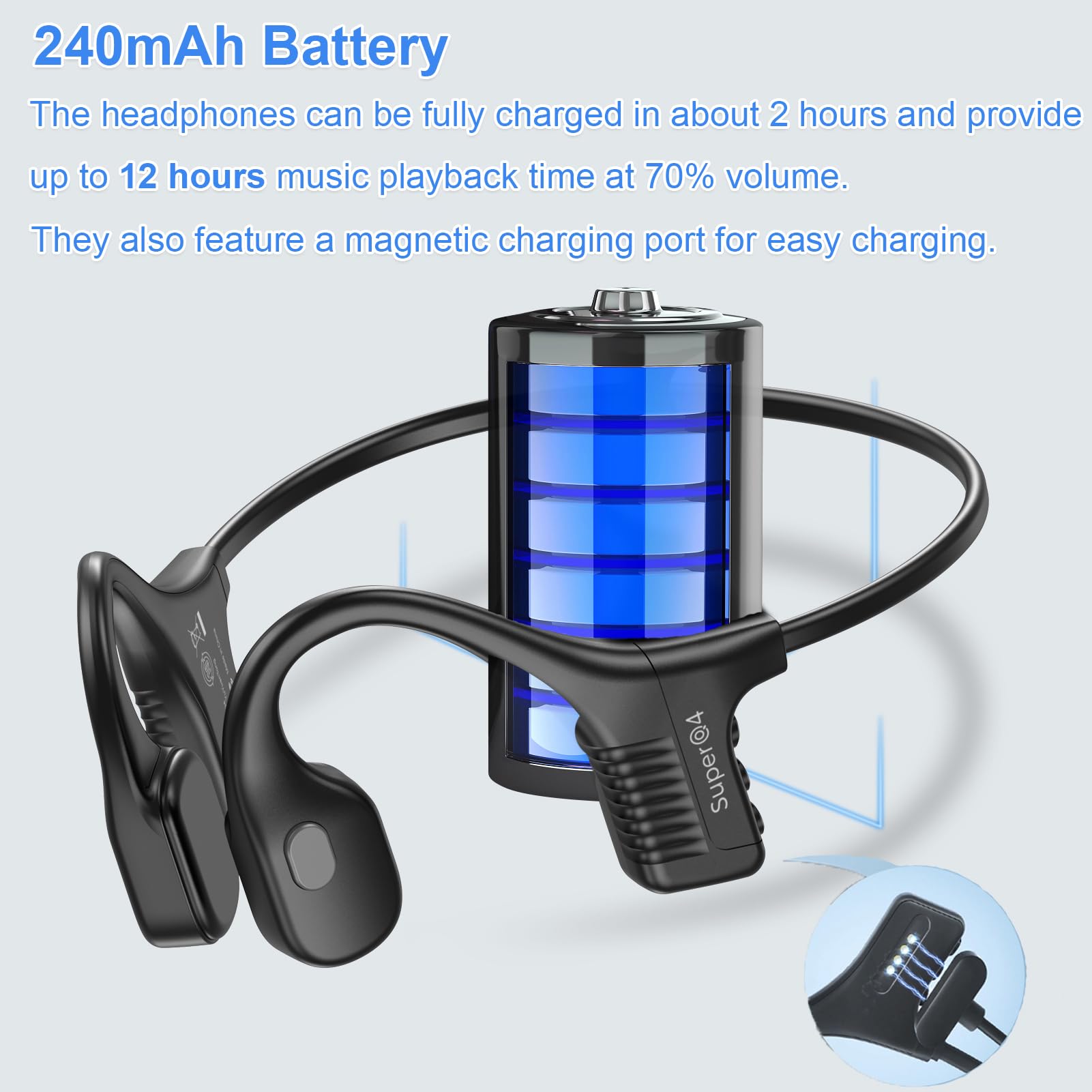 SuperQ4 Casque à conduction osseuse Bluetooth 5.3 – IP68 étanche sans fil avec 32 Go MP3, 12 heures de lecture, confort d'oreille ouverte pour la natation, la course et le sport