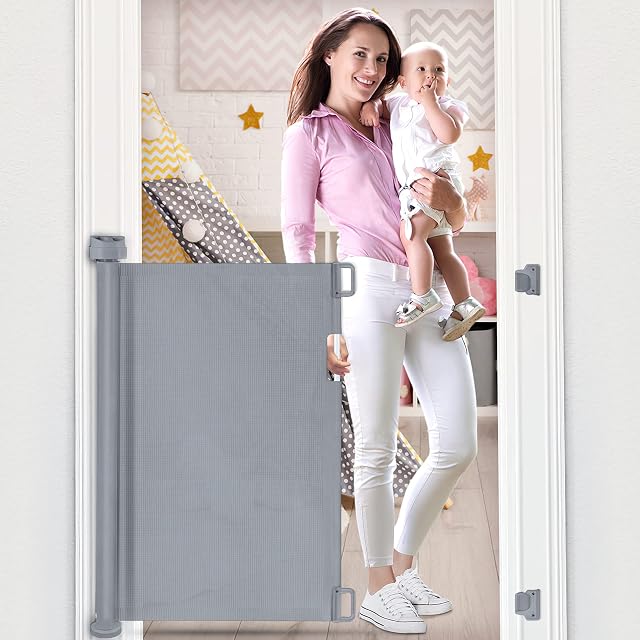 OTTOLIVES Mesh Retractable Gate for Babies, Extra Wide Safety Baby Gate 85cm Tall, Extends to 140cm Wide, Mesh Flexible Safety Gate for Indoor/Outdoor/Stairs/Doorways/Hallways
