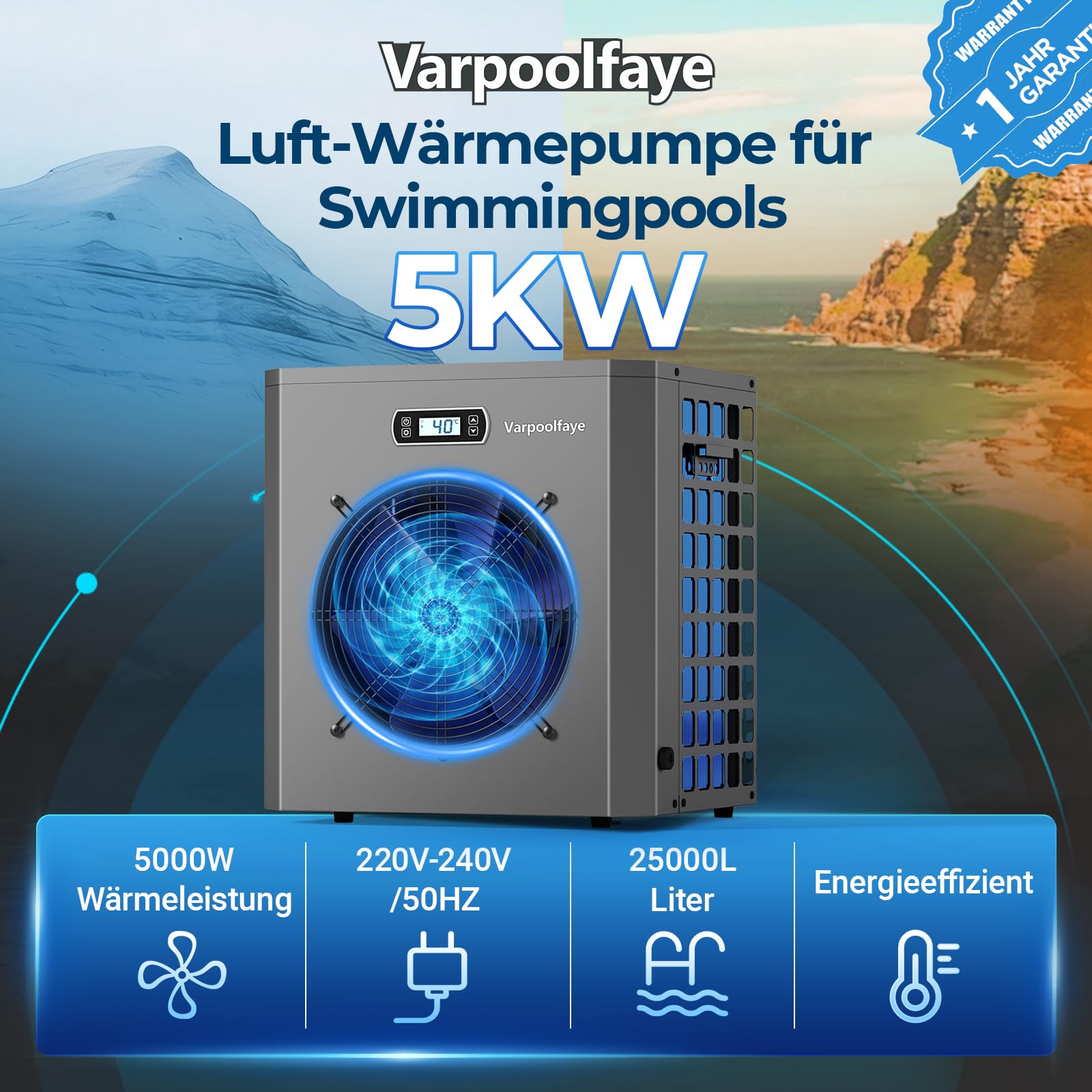 5KW Elektrische Pool Wärmepumpe Für Aufstellpool Poolheizung Wärmepumpe Schwimmbad Bis 20.000 l 20 m³ WiFi Steuerung 220v 240v 50Hz