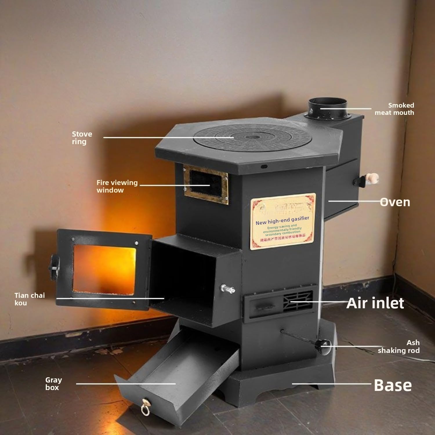 Visual True Fire, stufa a legna, sistema di combustione secondaria, multifunzione, in ghisa, per casa, soggiorno, villa rurale, alloggio in famiglia (nero, 55 cm)