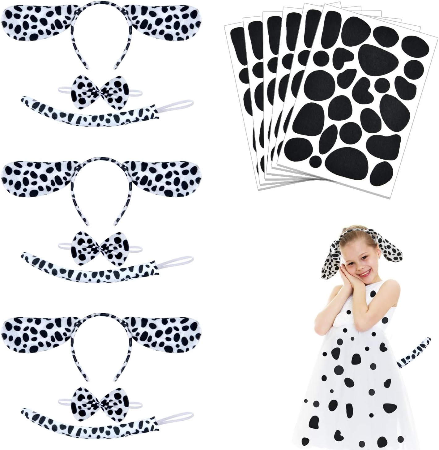 Coopay 9 Pieces Dalmatian Costume Set with Dog Ear Headbands, Bow Tie, Tail and 144 Pieces Black Adhesive Felt Circles for Halloween DIY Dress Up Party Costume