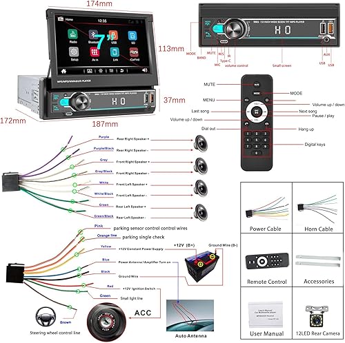 Miniatura 8 de Rimoody - Estéreo de automóvil DIN con pantalla táctil abatible, radio de coche de 7 pulgadas, 1 DIN Bluetooth, radio FM, enlace de espejo para