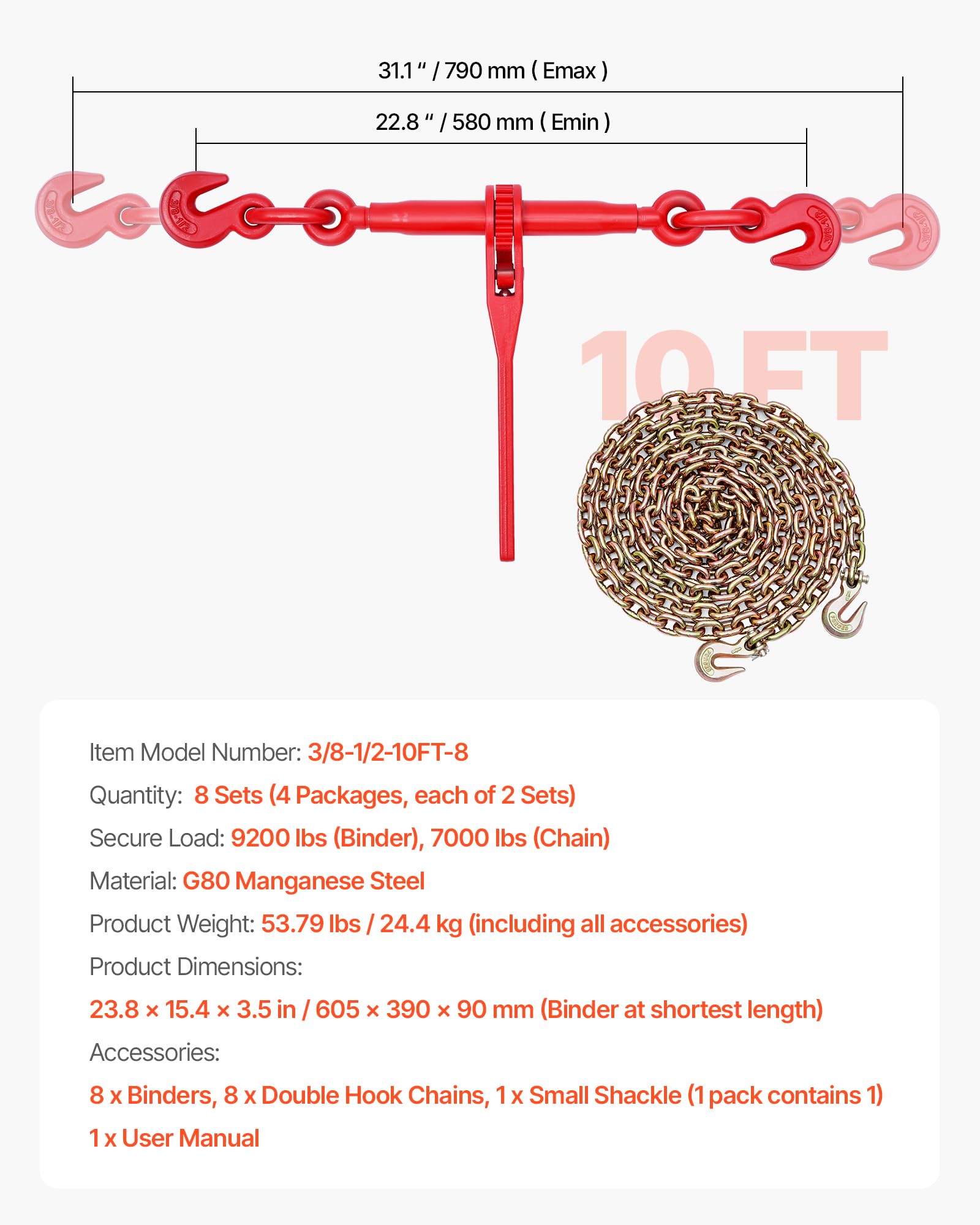 VEVOR Tensor de Trinquete con Cadenas G80 10mm x 3m Kit 8 Piezas Carga de Trabajo 4173 kg