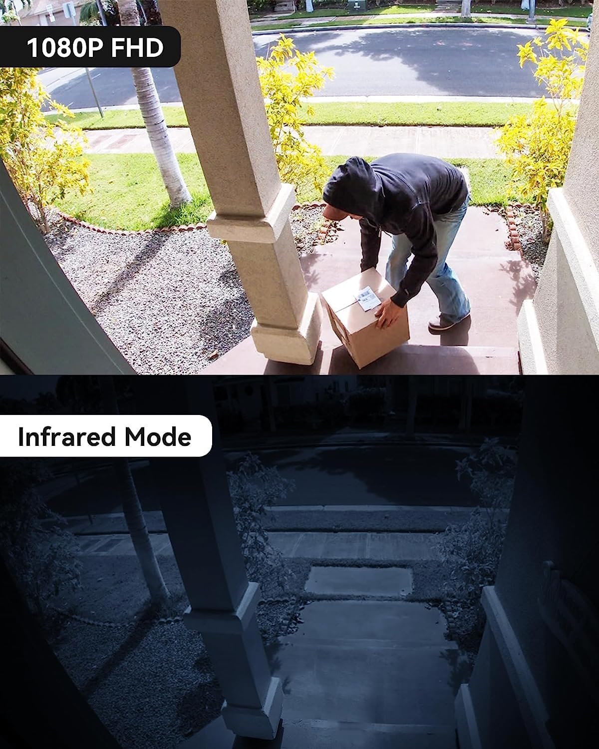 Comparison of daytime 1080P FHD view and infrared night vision view from the doorbell