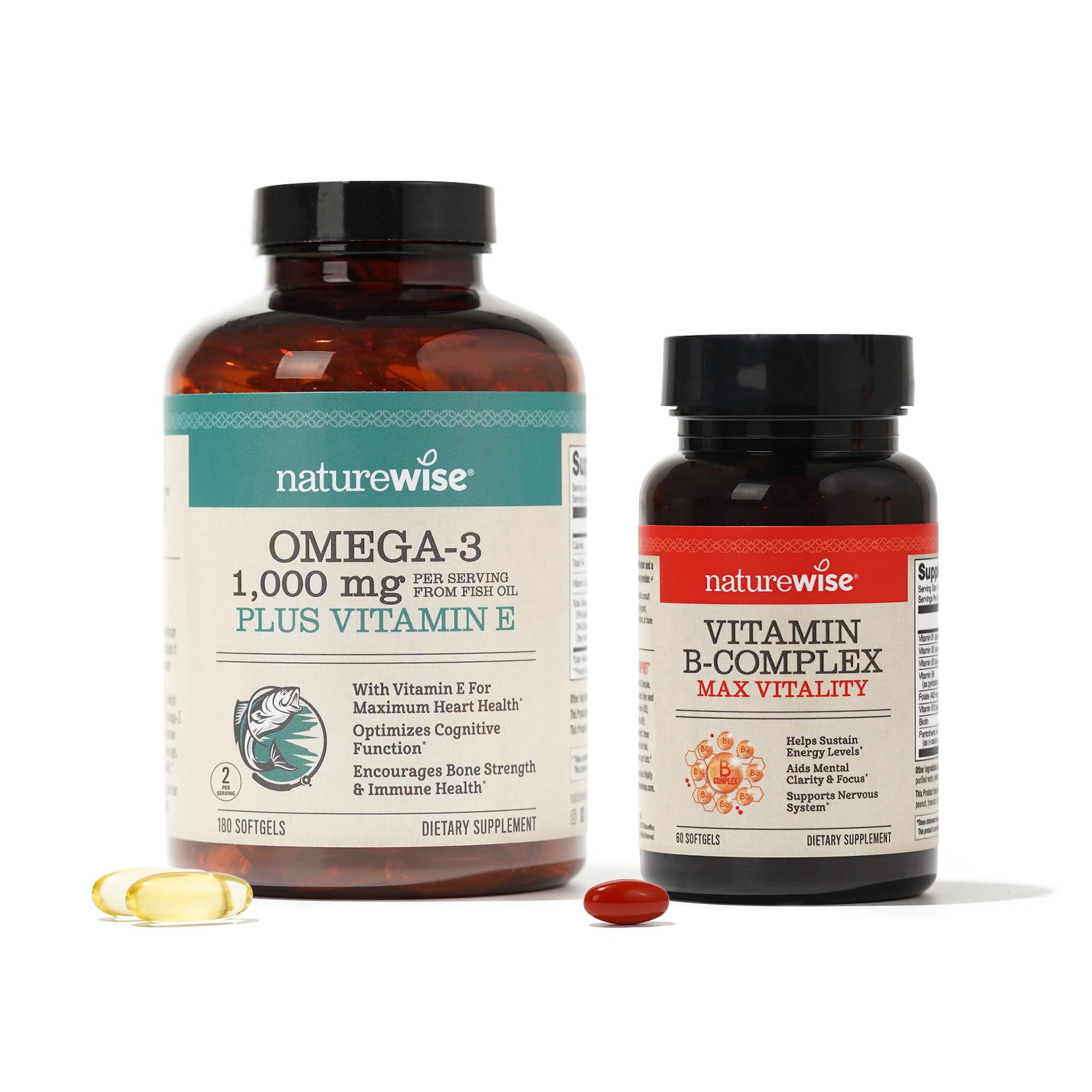 1000mg Omega 3 600mg EPA 400mg DHA with Vitamin E 180ct & Vitamin B Complex for Cellular Energy 60 Softgels[2-Month]