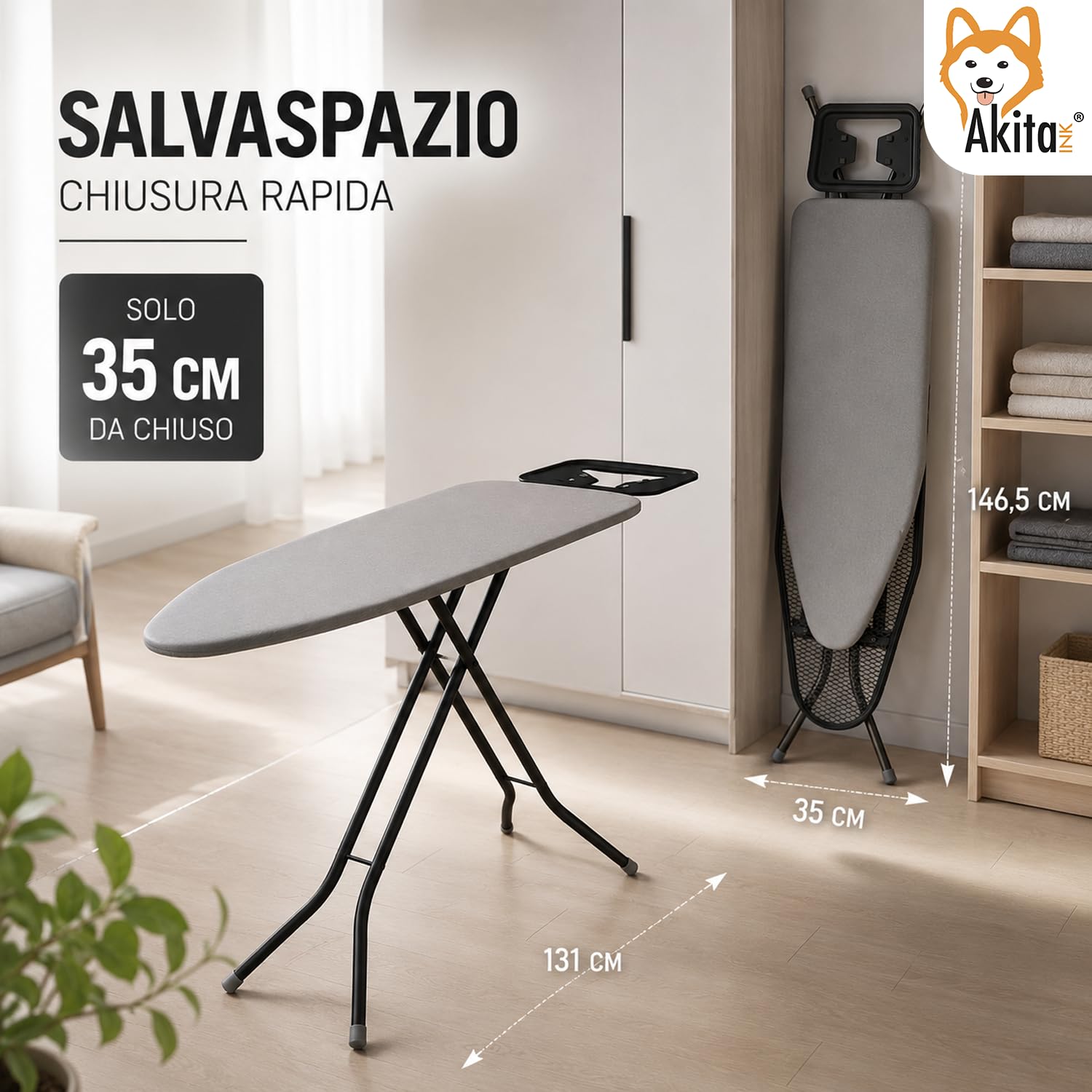AKITAInk Asse da Stiro BRAVA 33x110 cm in Acciaio, Asse Pieghevole Regolabile con Poggiaferro, Piedi Antiscivolo e Rivestimento 100% Cotone