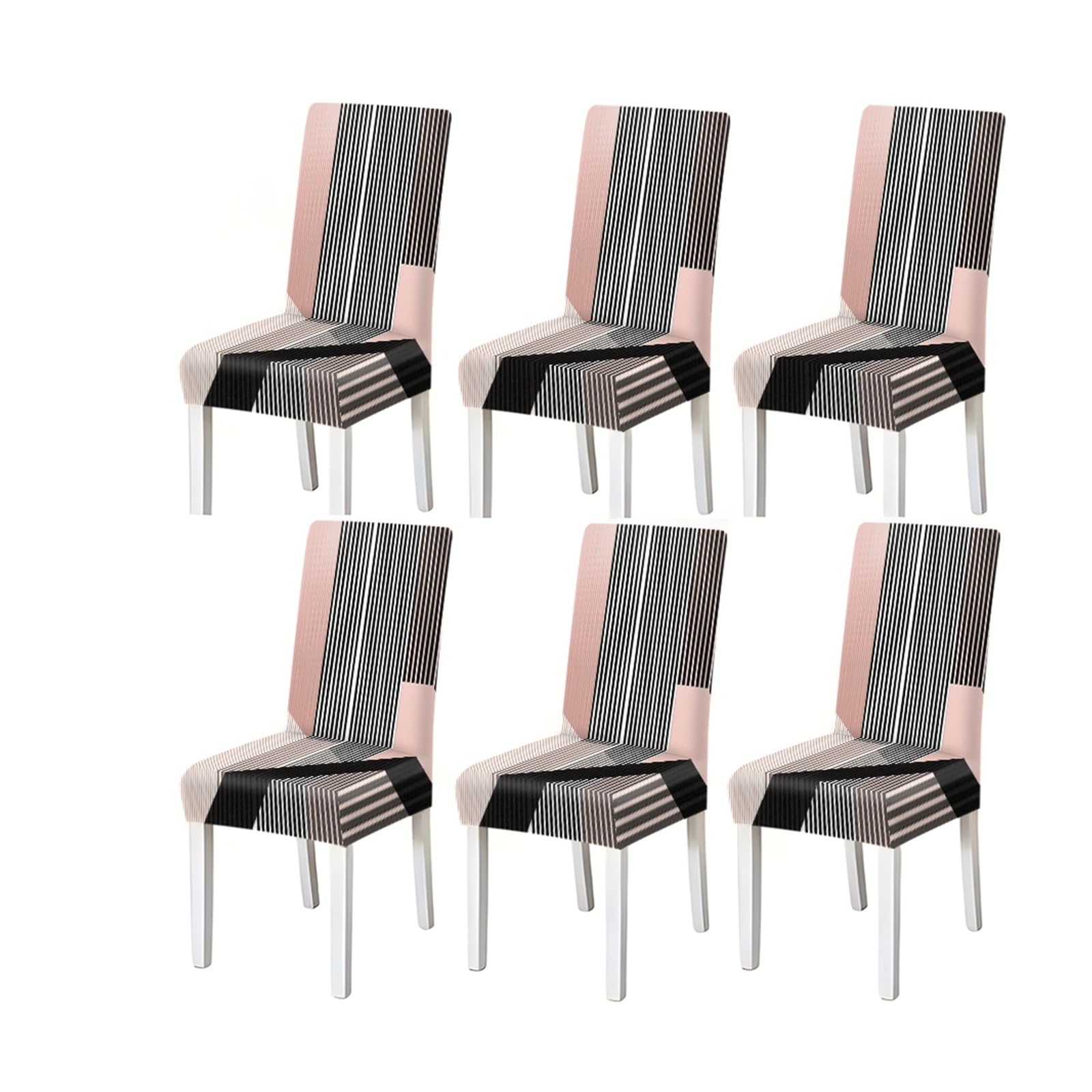 Modern Black White Stripe Chair Covers Set Of 2/4/6, Pink Geometric Stretch Dining Chair Slipcovers Removable Stretch Slipcovers for Dining Chairs(6PCSChair cover)