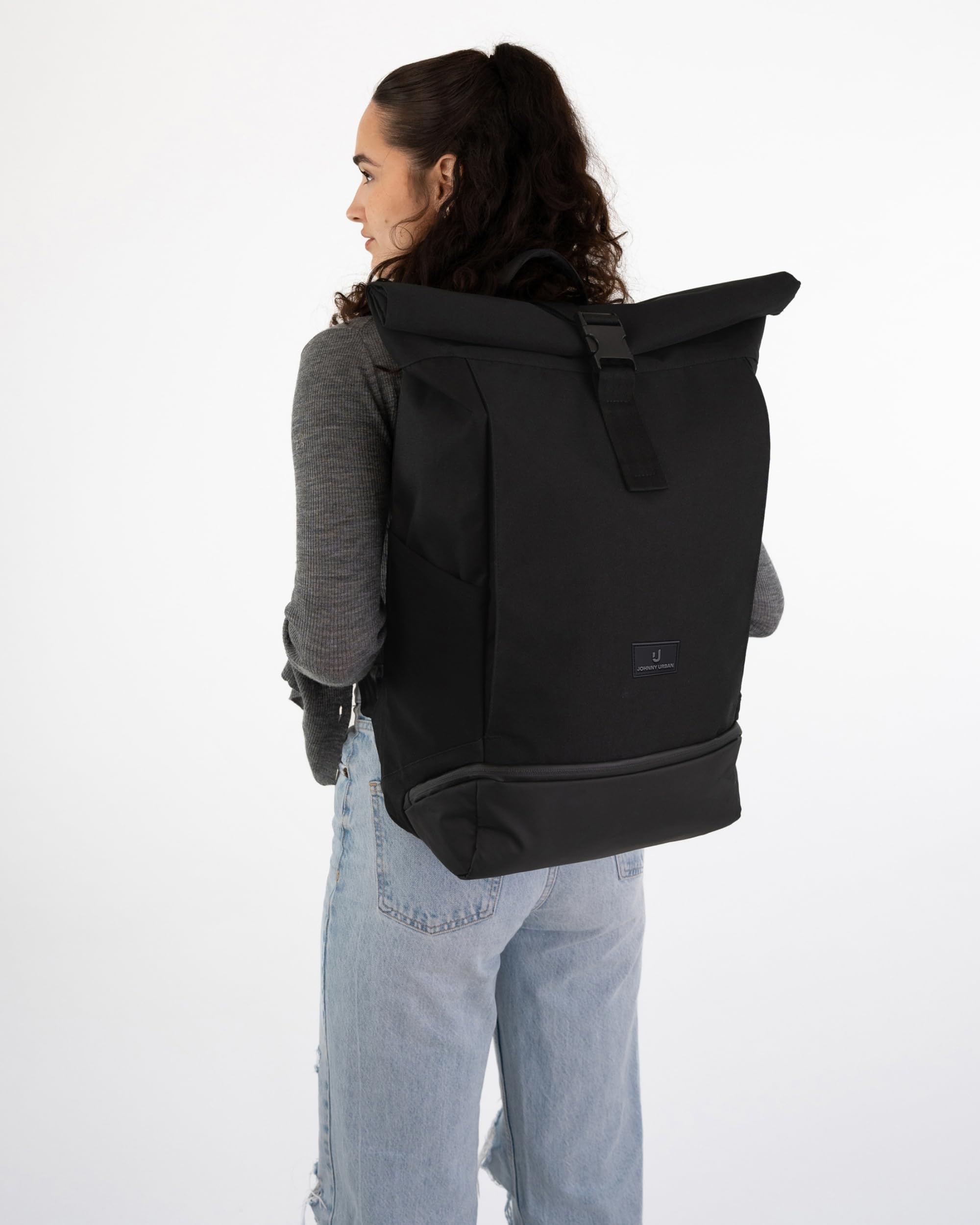 Johnny Urban Sac à Dos Femme & Homme Noir - Allen XL - Grand Sac Roll Top pour Travail & Voyage - Spacieux Backpack pour Ordinateur Portable - Imperméable
