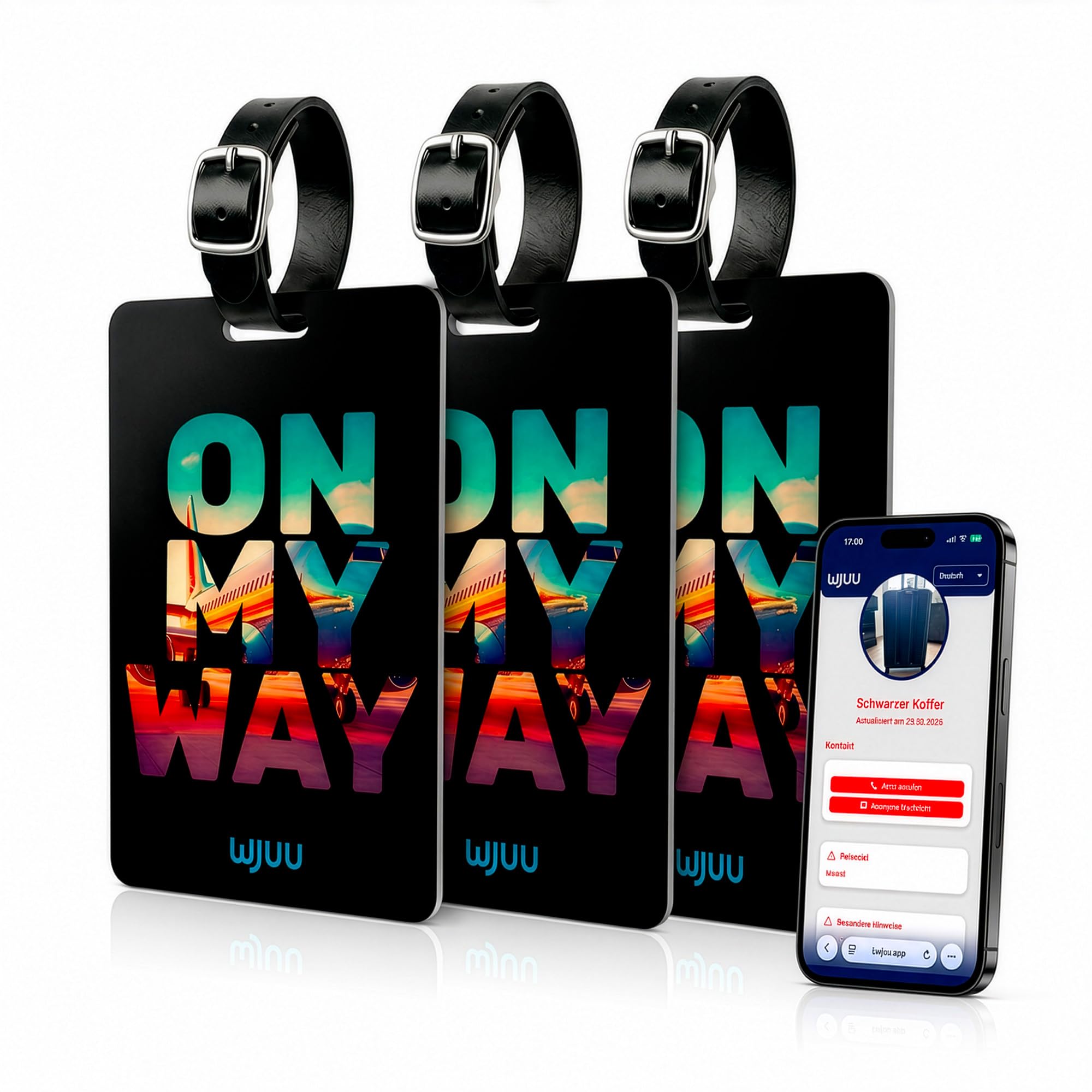 Lot de 3 étiquettes de bagage intelligentes « On my way » - Profil numérique avec application - Contact de recherche par message et téléphone