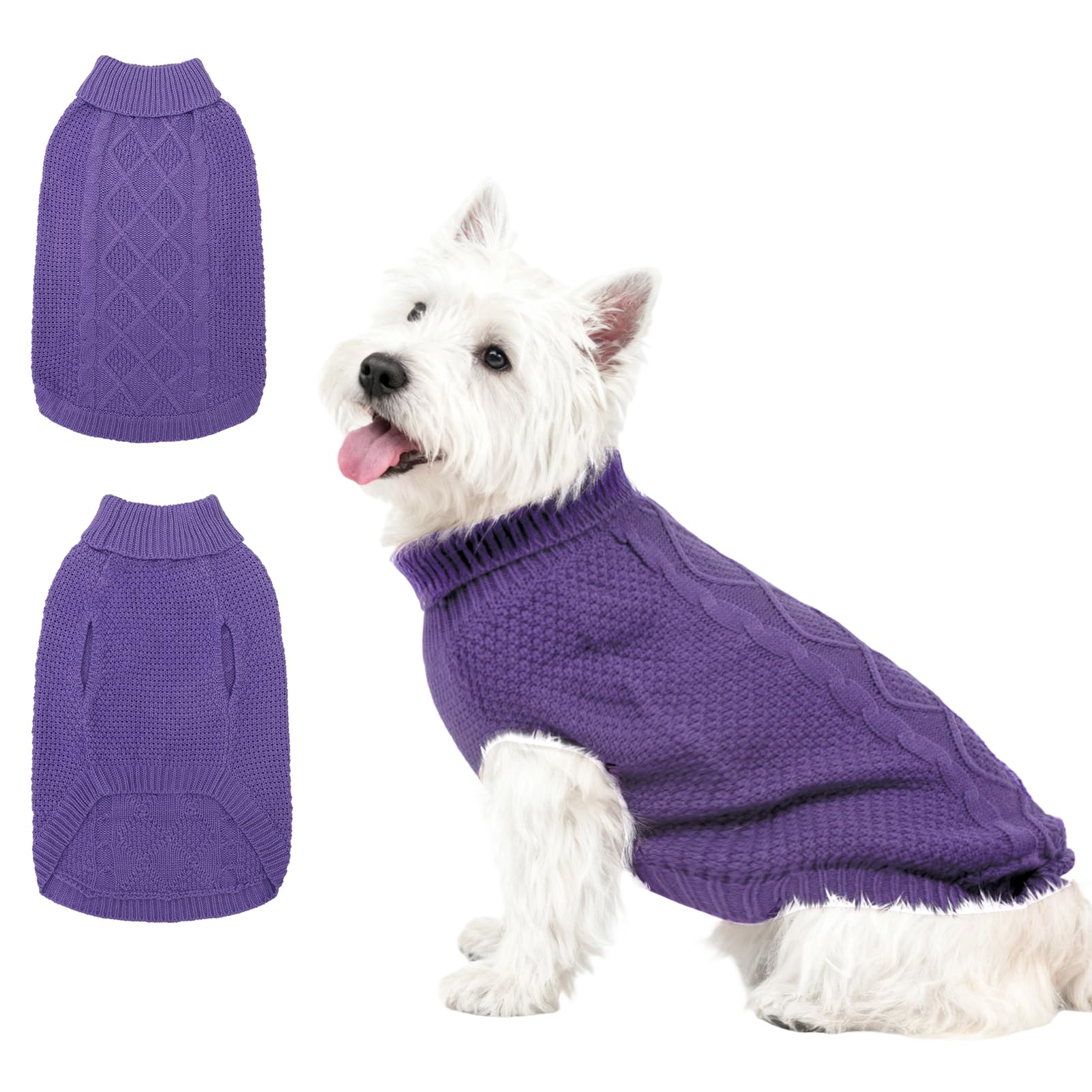 Mihachi Turtleneck Dog Sweater - Winter Coat Apparel Classic Cable Knit Clothes with Leash Hole for Cold Weather, Ideal Gift for Pet in New Year Light Purple S