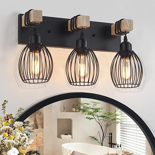 Luz de tocador de granja de 3 luces para baño, aplique de pared de madera con elegante jaula en forma de lágrima, luces de tocador industriales