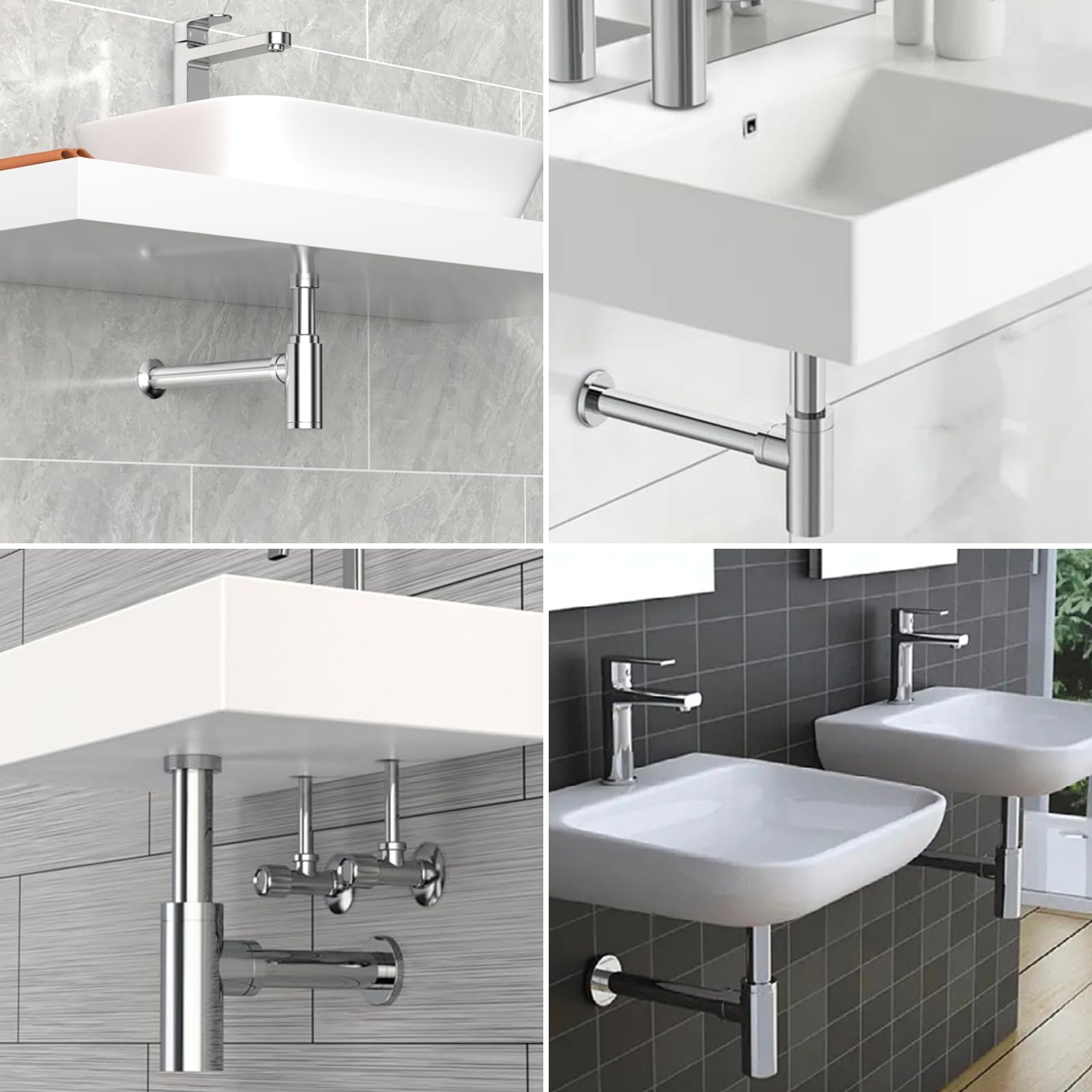 Sifón Diseño para Lavabo, Sifón Universal para Fregadero, Sifón Lavabo Universal 1 1/4", Sifón de Olores con Apertura de Limpieza, Altura Ajustable, para Fregadero y Lavadero, Cromado