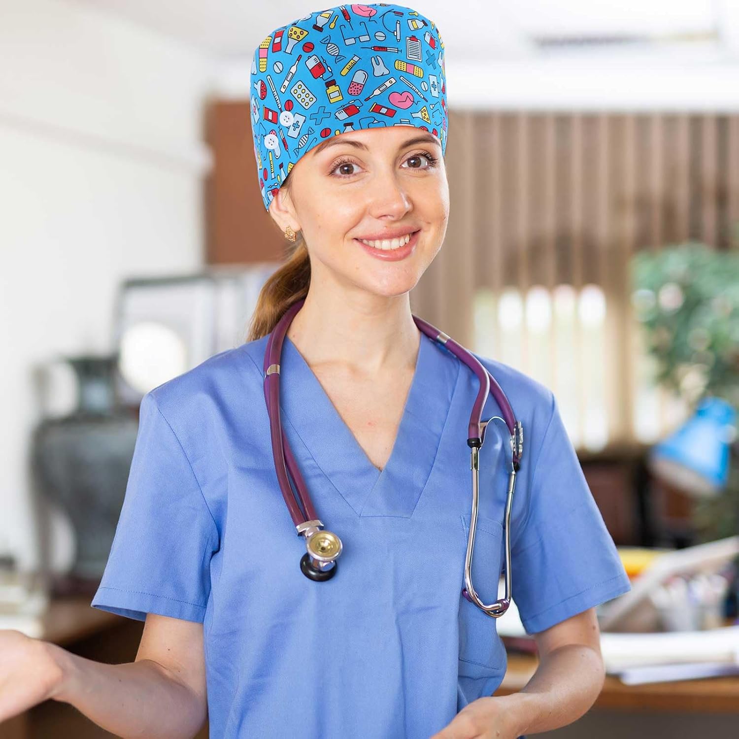 Unittype 4 Pcs Nurse Caps for Women Nursing Working Caps with Button and Sweatband Adjustable Elastic Scrub Hats for Dentist - Image 3