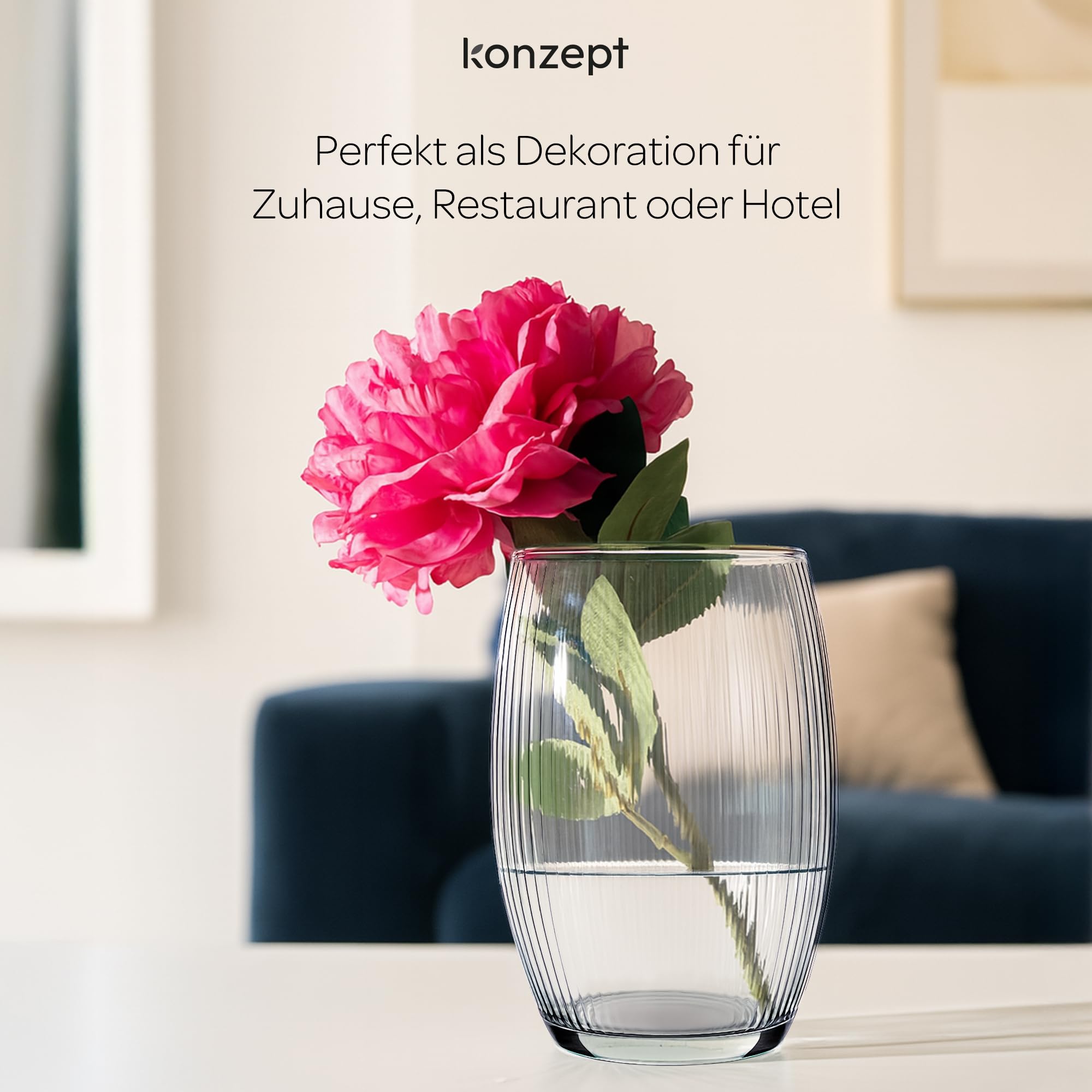 KONZEPT Glasvase 20 cm – geriffelte Struktur, dickwandig & elegant, für Blumen & Deko, europäische Qualität
